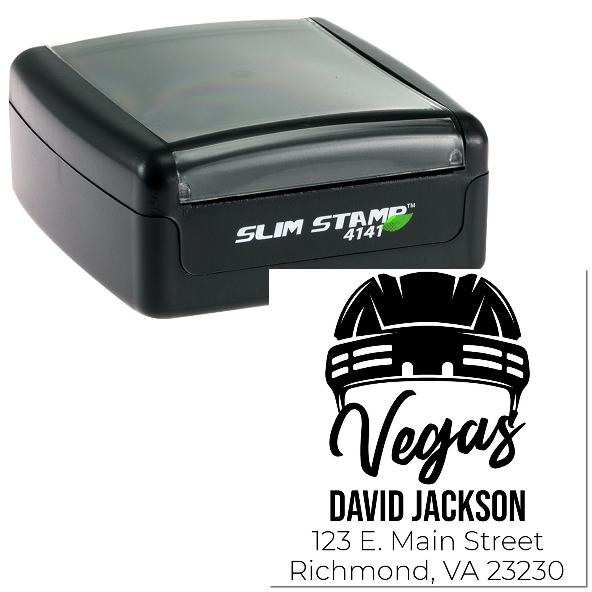 Personalized self-inking address stamp with Vegas logo, David Jackson name, and Richmond, VA address.