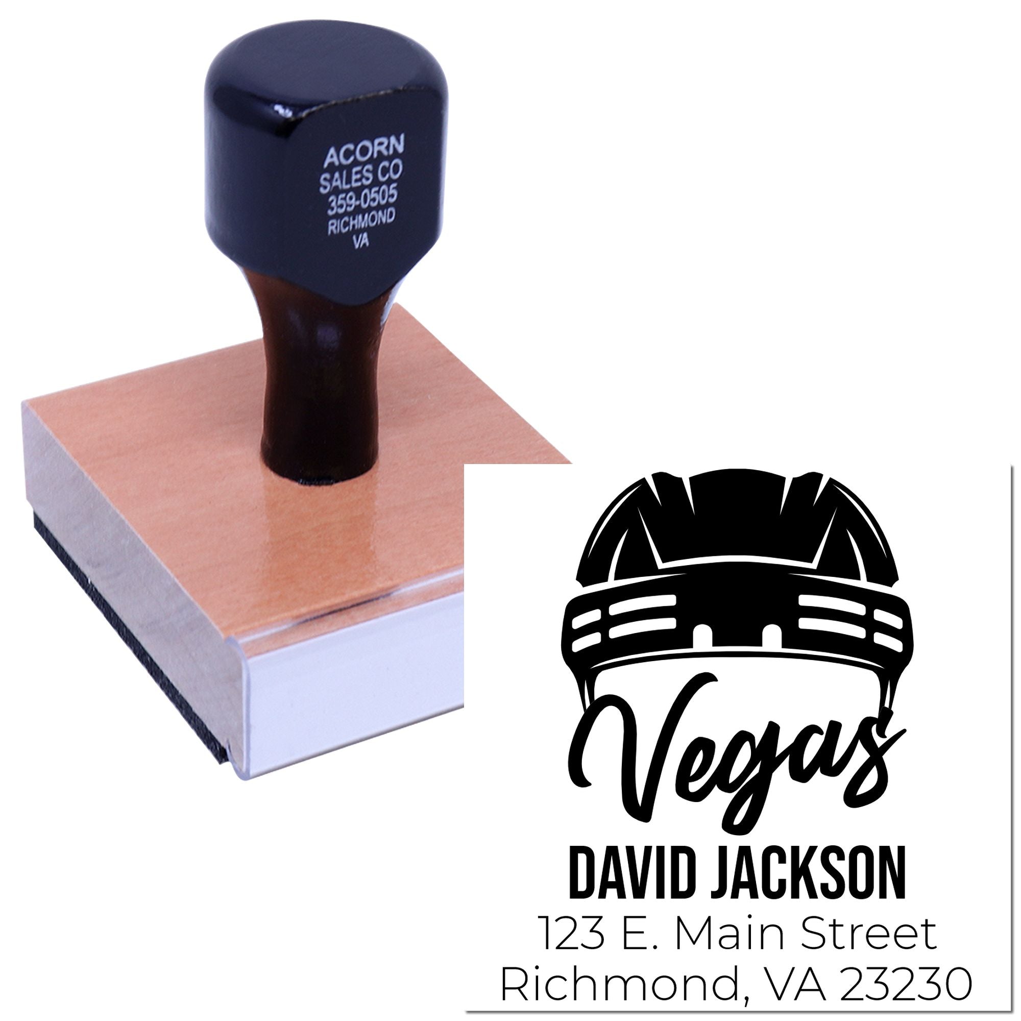 Custom rubber stamp with Vegas hard-hat logo, name, and business address for branding.