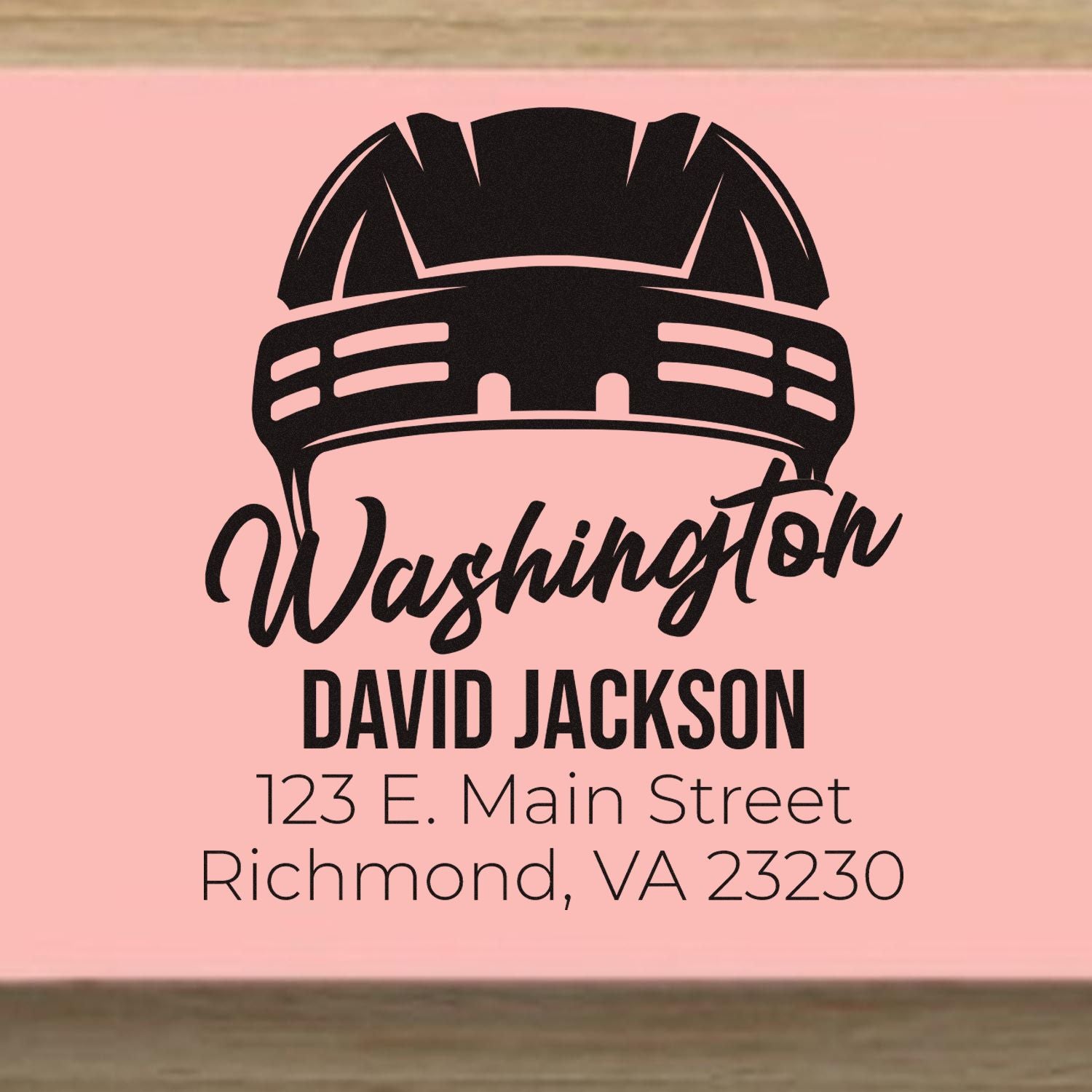 Custom firefighter helmet return address rubber stamp for David Jackson, 123 E. Main Street, Richmond, VA 23230.