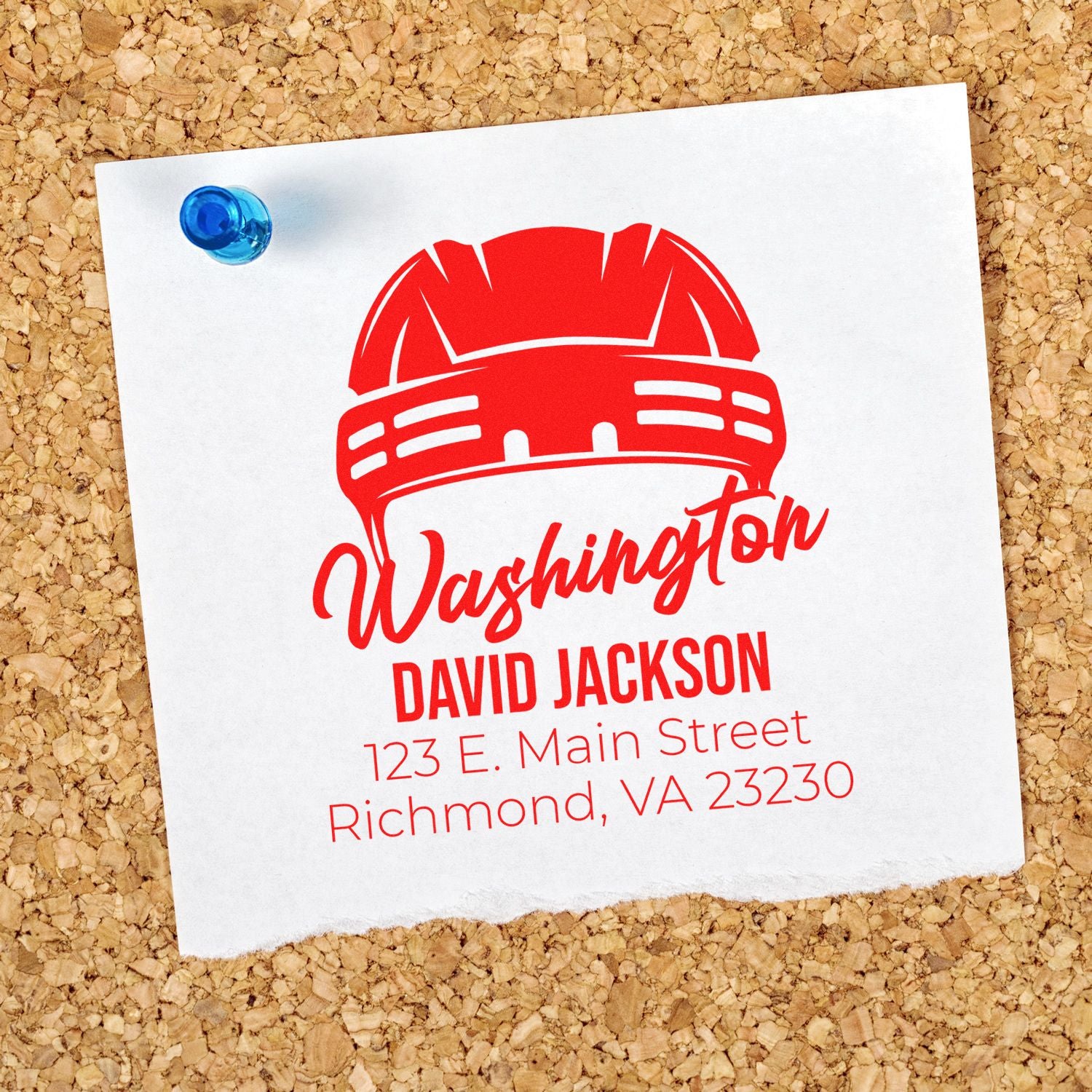 Custom rubber stamp design with red hard hat logo, name, and Richmond VA address for a construction business.