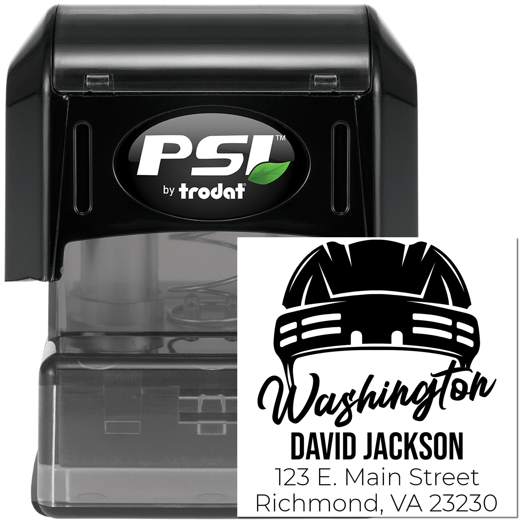 PSI by Trodat custom self-inking rubber address stamp with Washington design, David Jackson name, and Richmond VA address.