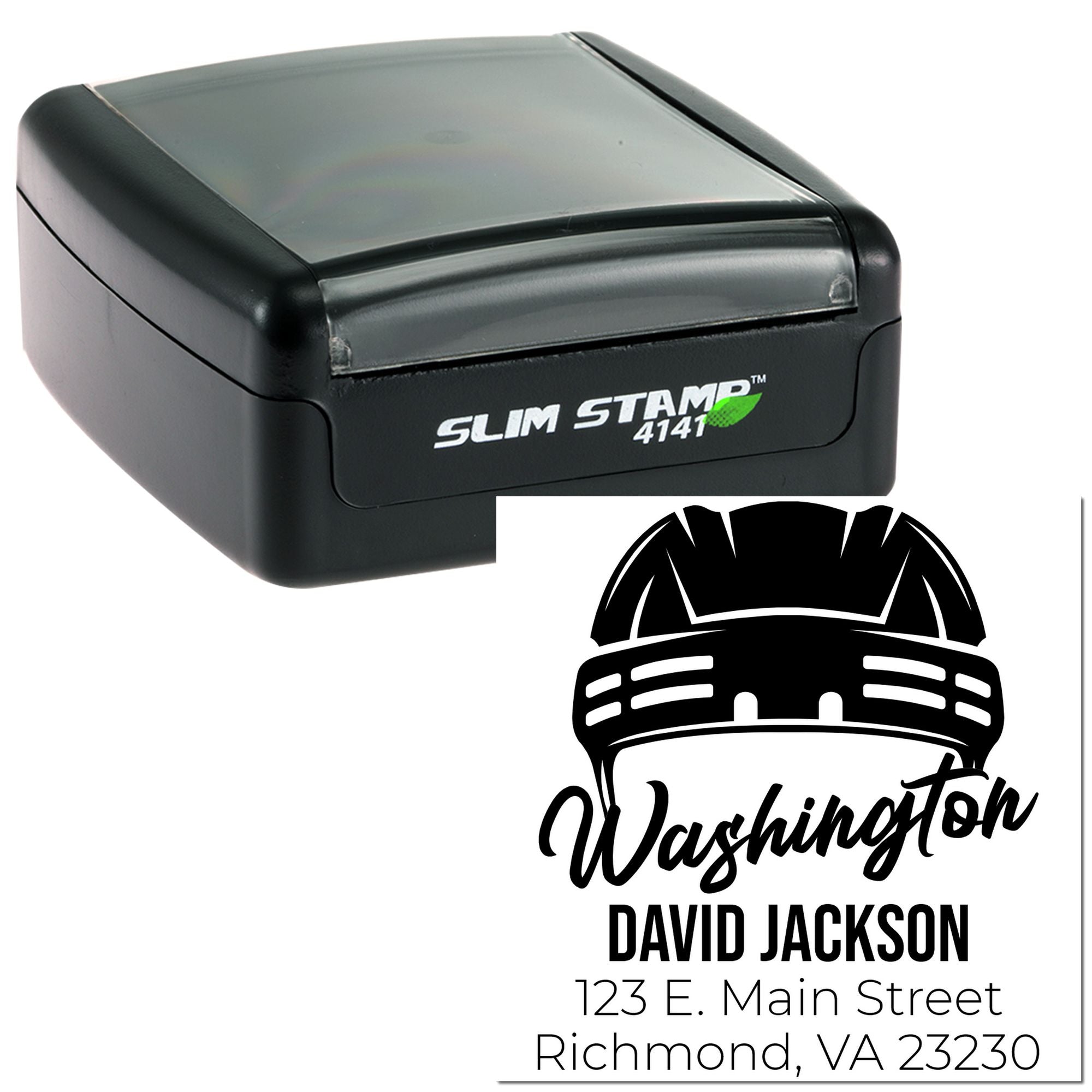 Custom self-inking rubber address stamp for Washington David Jackson, with logo and Richmond, VA return address.