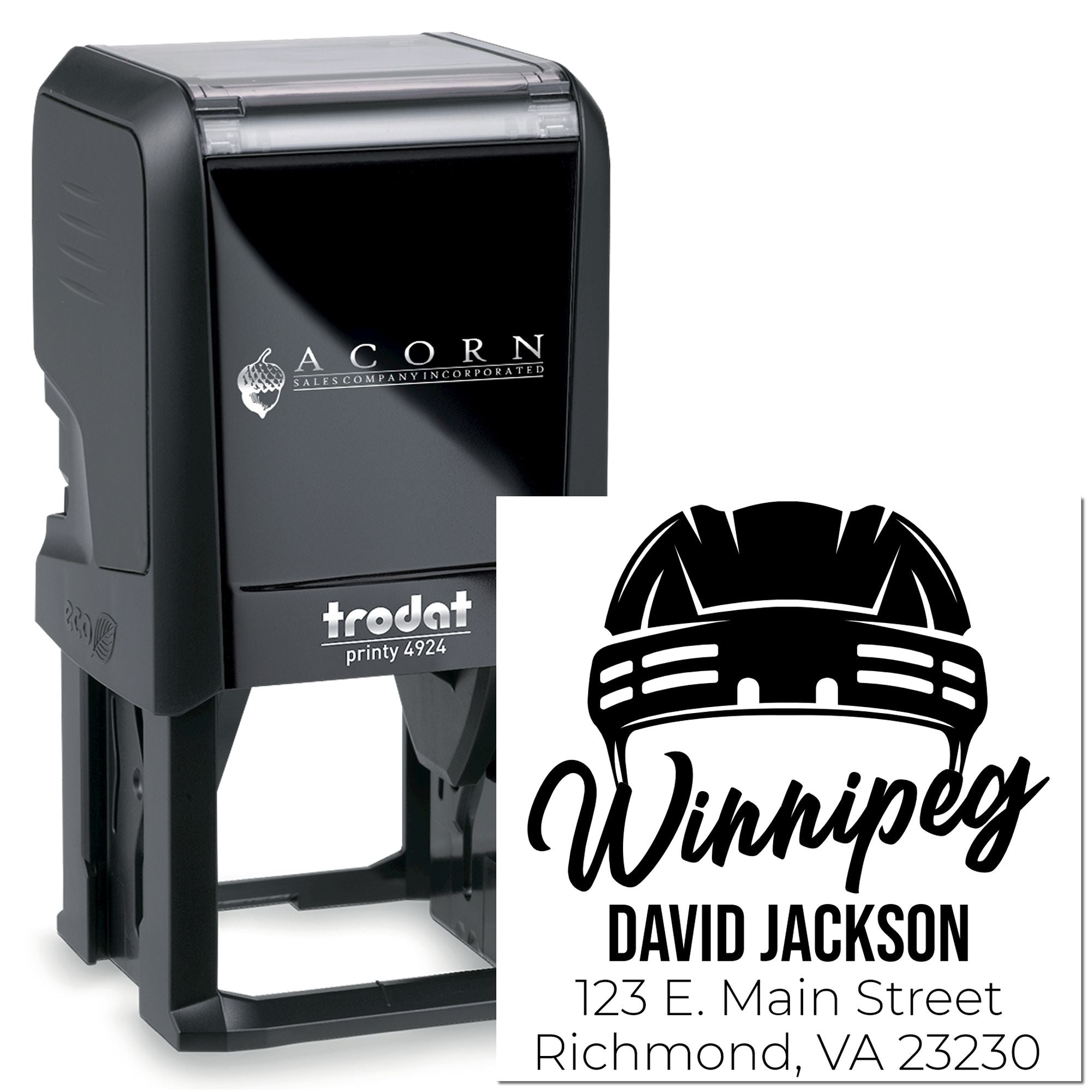 Custom self-inking rubber stamp, Trodat Printy 4924, with Winnipeg logo, name and address for business branding.