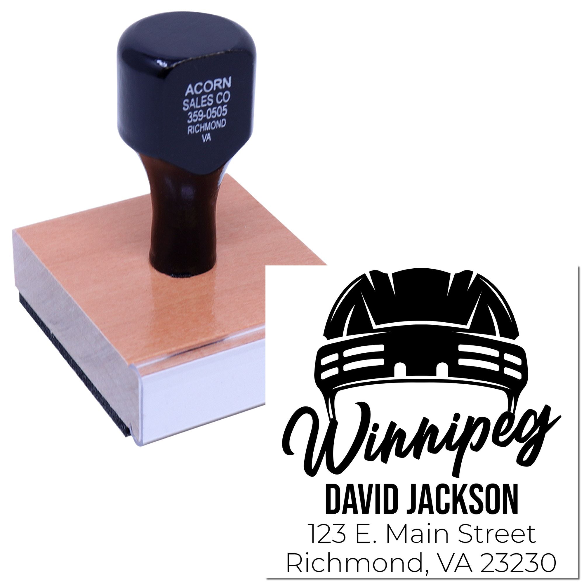 Custom address rubber stamp with logo, name, and business details for branding, mailing, and packaging.