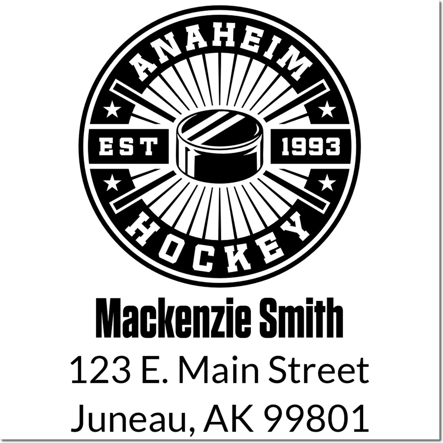 Personalized return address rubber stamp for Anaheim Hockey, featuring Mackenzie Smith and Juneau, AK 99801.