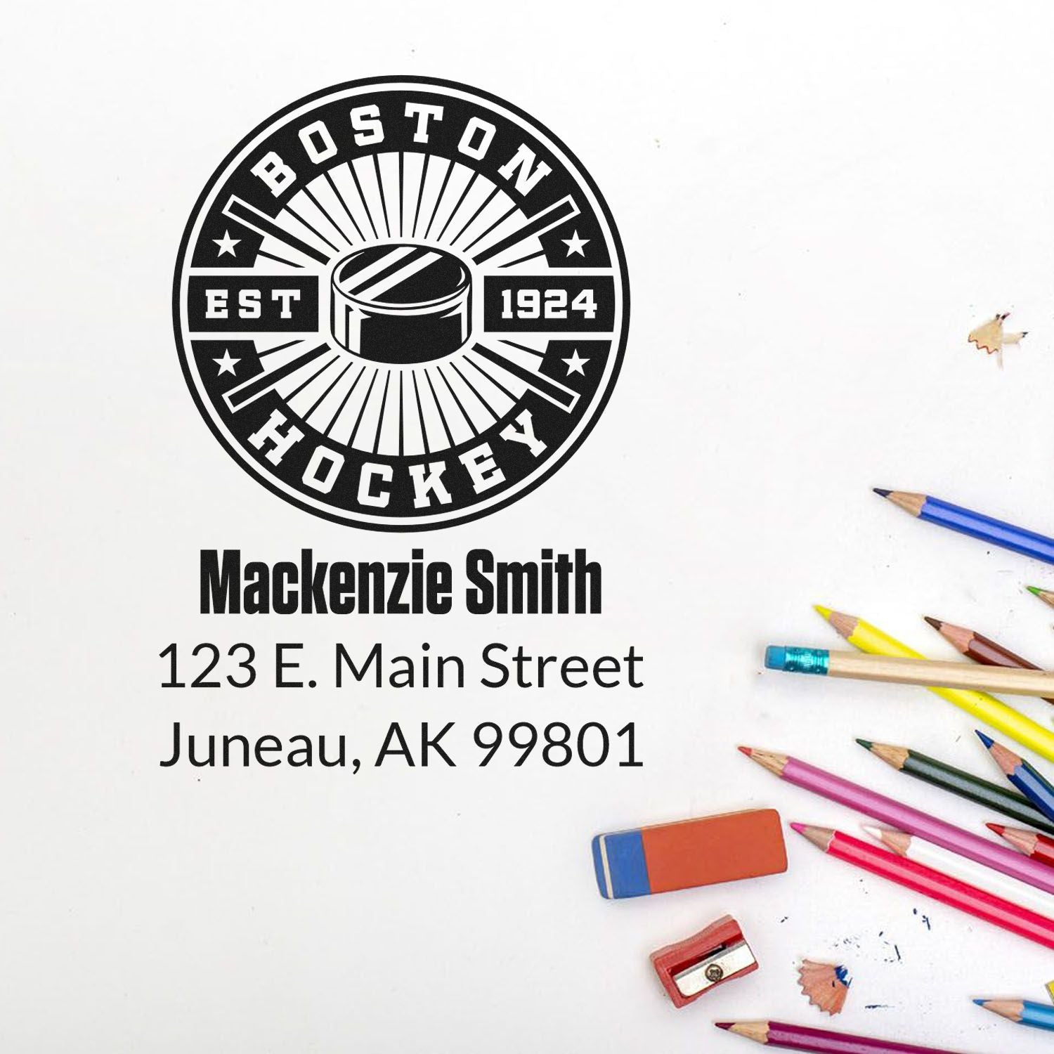 Custom Boston Hockey rubber stamp with name and address for personalized stationery and branding