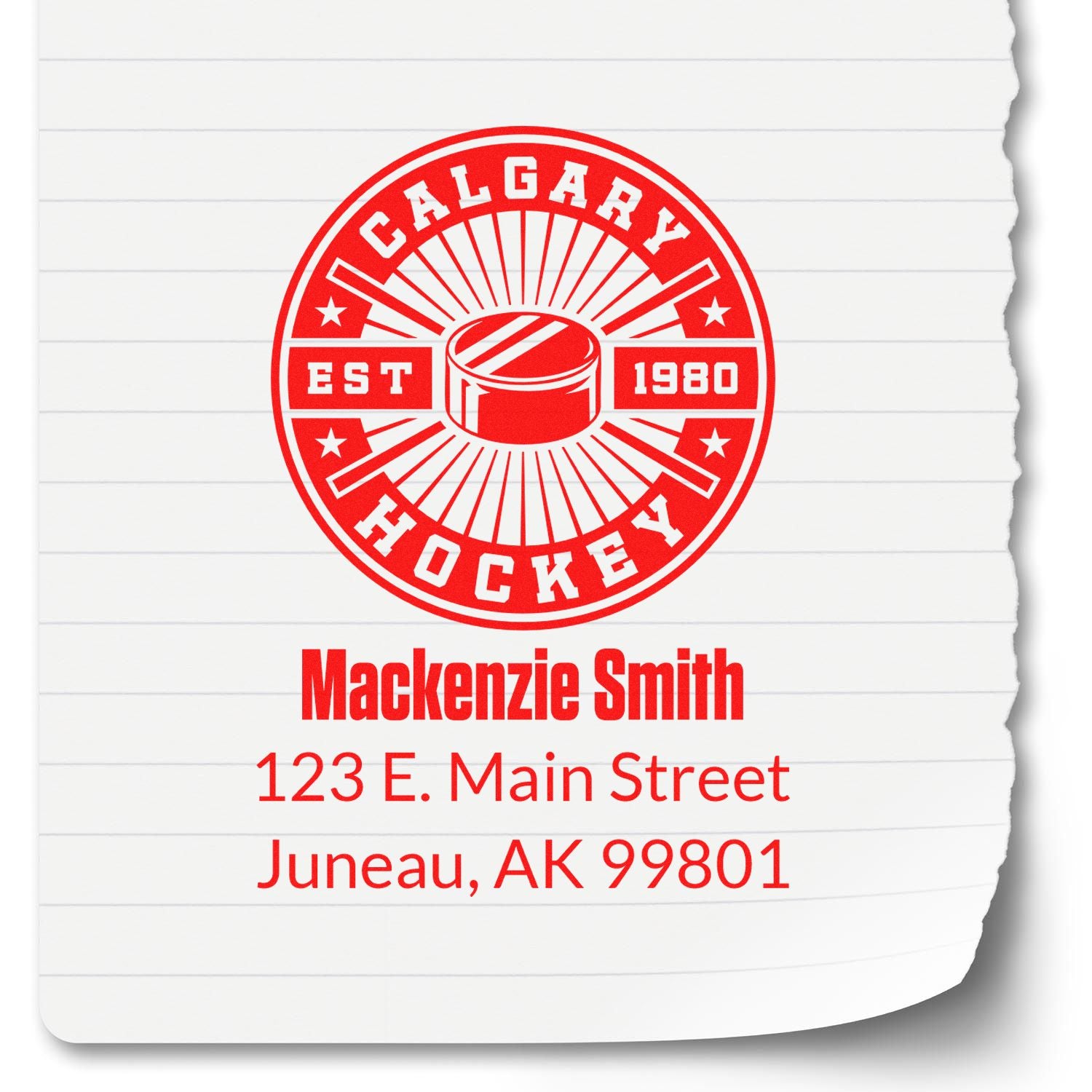 Custom Calgary Hockey return address rubber stamp with Mackenzie Smith, 123 E. Main Street, Juneau, AK 99801.