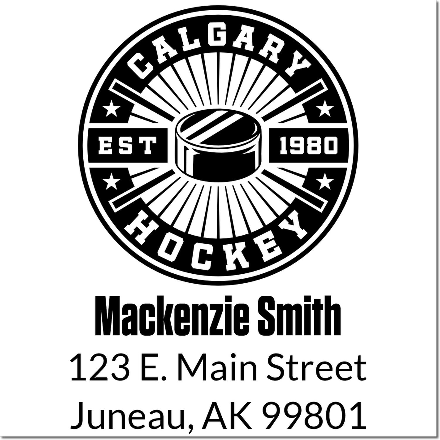 Custom Calgary Hockey rubber address stamp for Mackenzie Smith, 123 E. Main Street, Juneau, AK 99801.