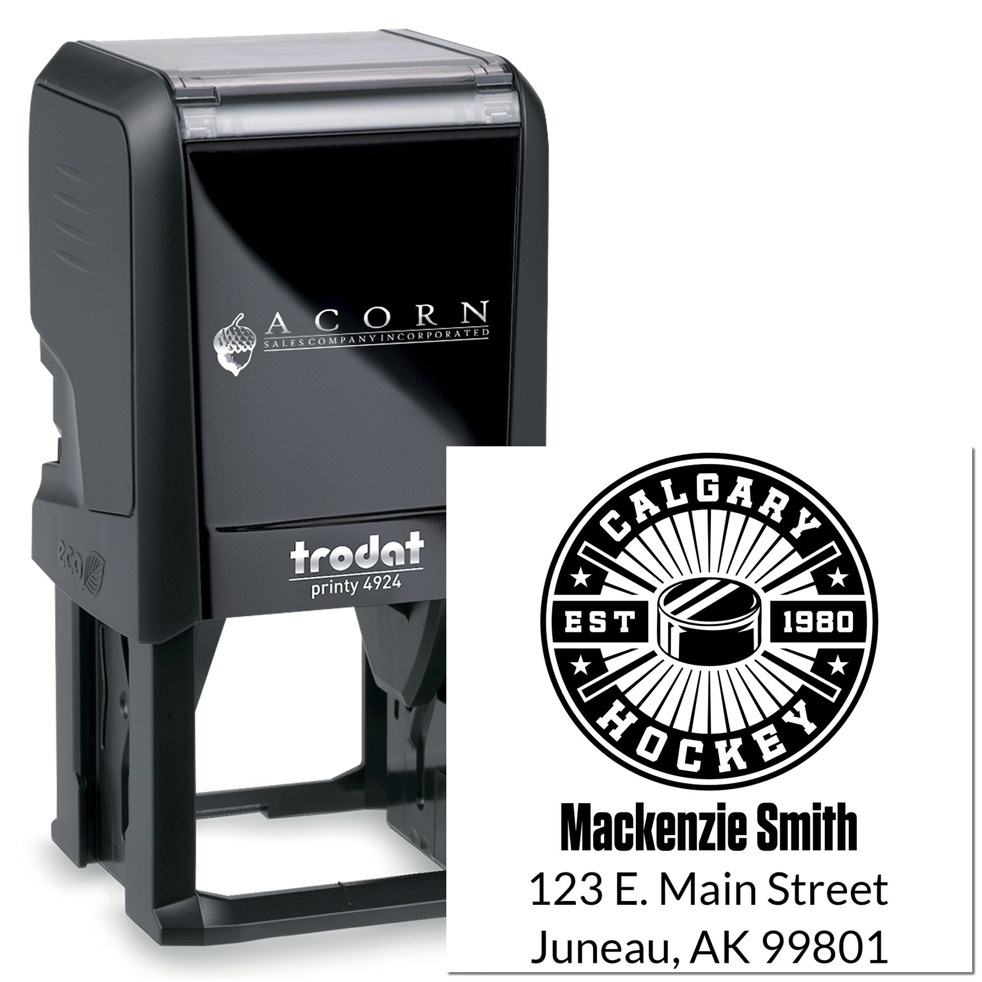 Trodat self-inking rubber stamp with custom Calgary Hockey logo, name, and address for business branding and mail use.
