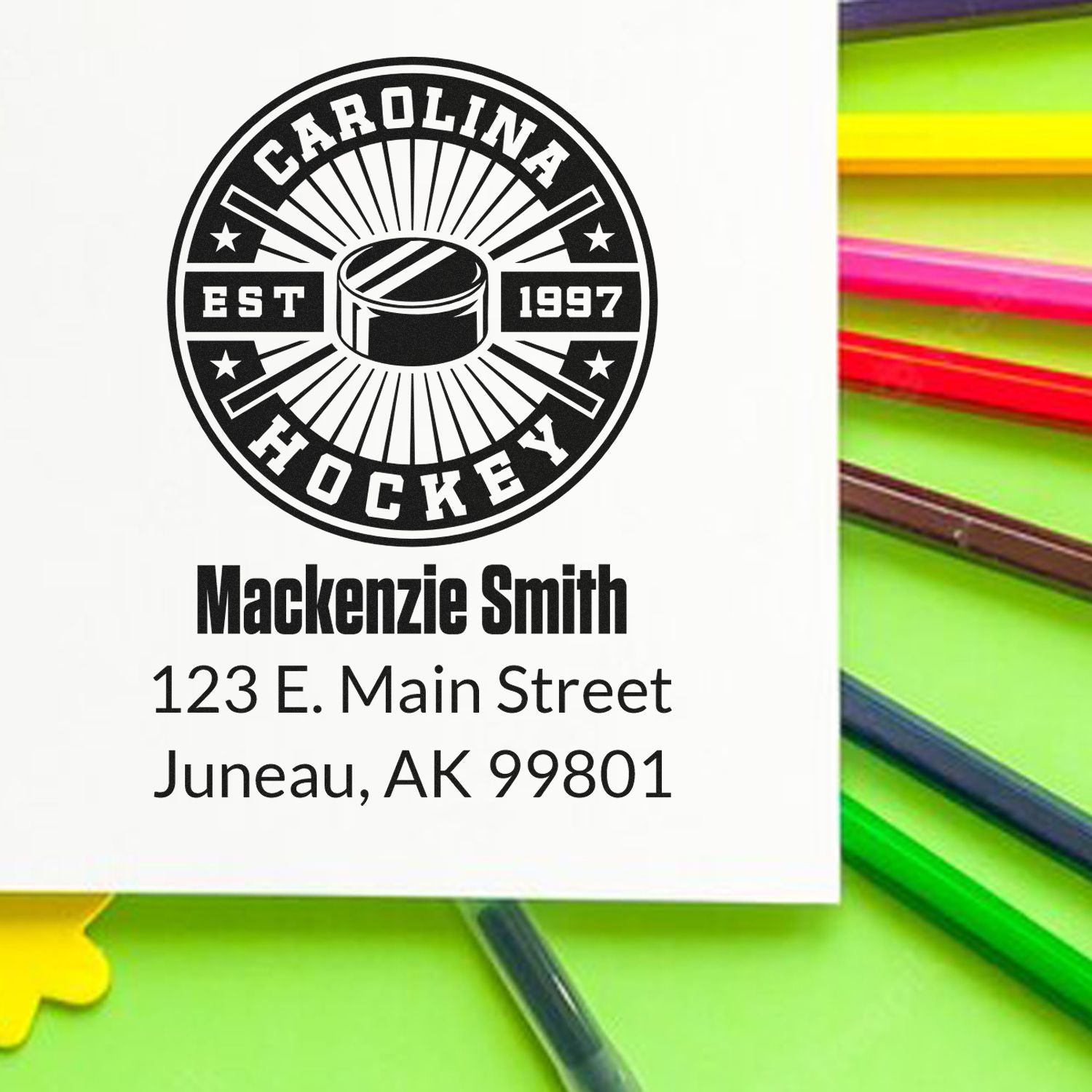 Custom Carolina Hockey rubber stamp with name, address, and team logo for personalized mailing and branding.