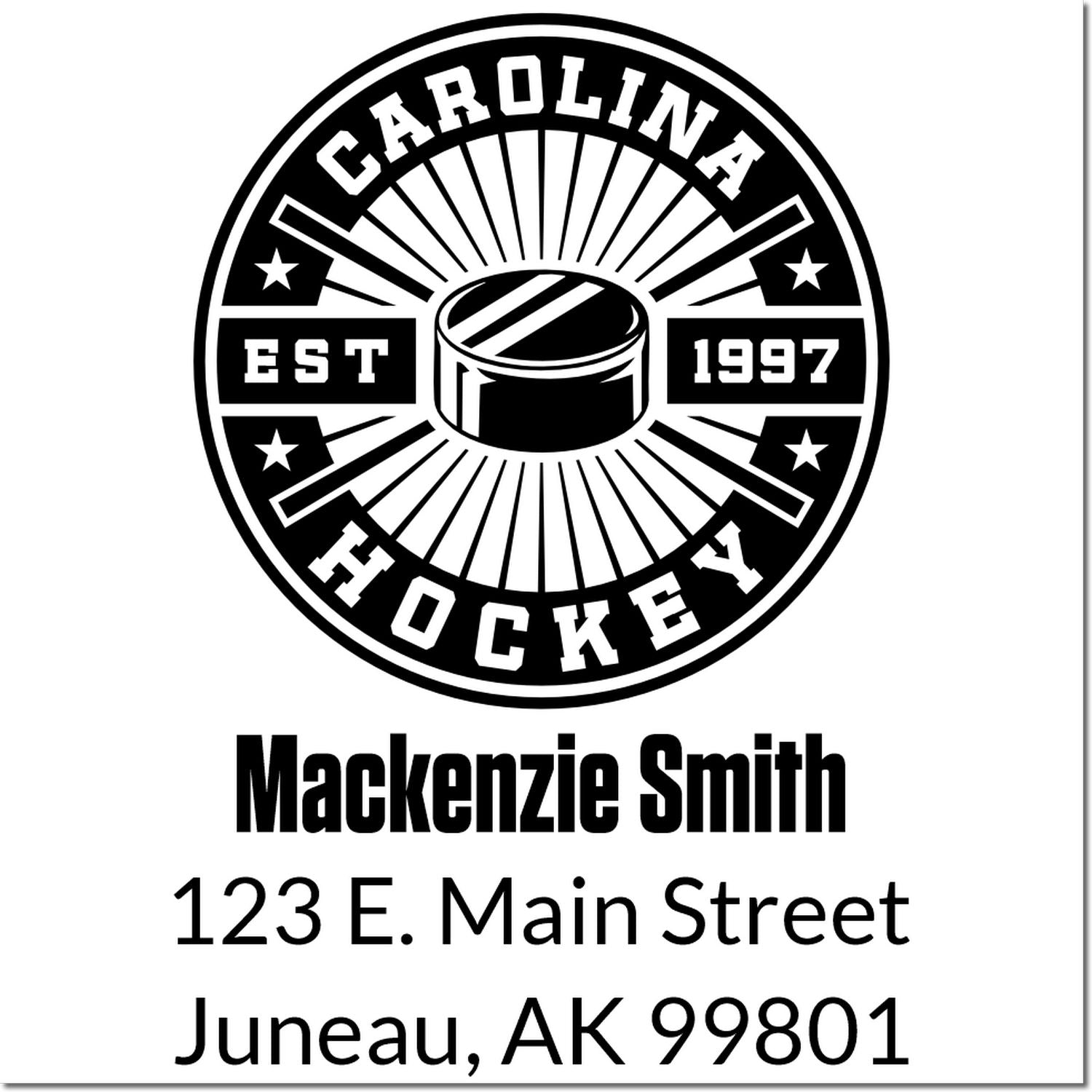 Personalized Carolina Hockey rubber stamp for Mackenzie Smith, 123 E. Main Street, Juneau, AK 99801.