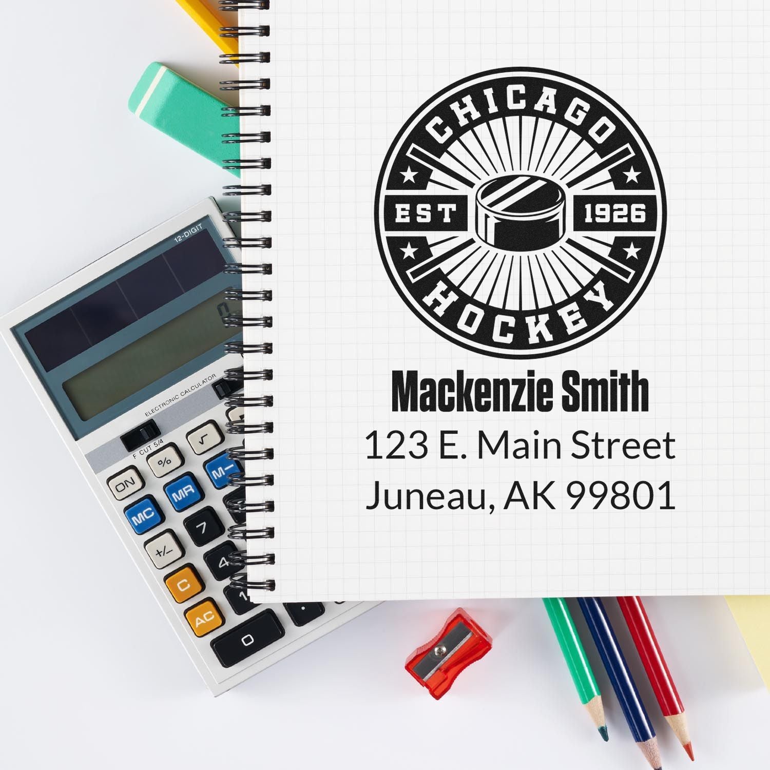 Personalized hockey rubber stamp with name and address for custom business stationery and mailing labels.