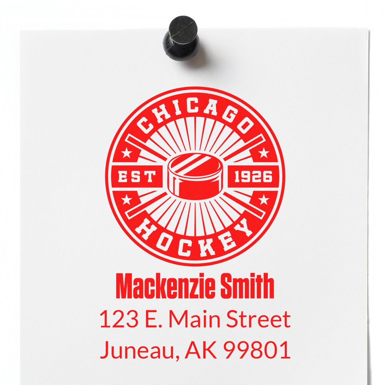 Custom rubber stamp imprint with Chicago Hockey logo, Mackenzie Smith name, and address for personalized stationery.