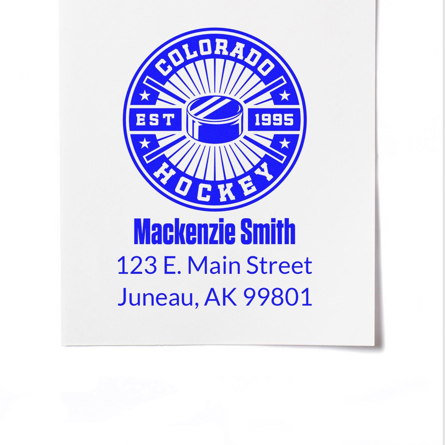 Custom Colorado Hockey rubber stamp with logo, Mackenzie Smith name, and Juneau, AK address
