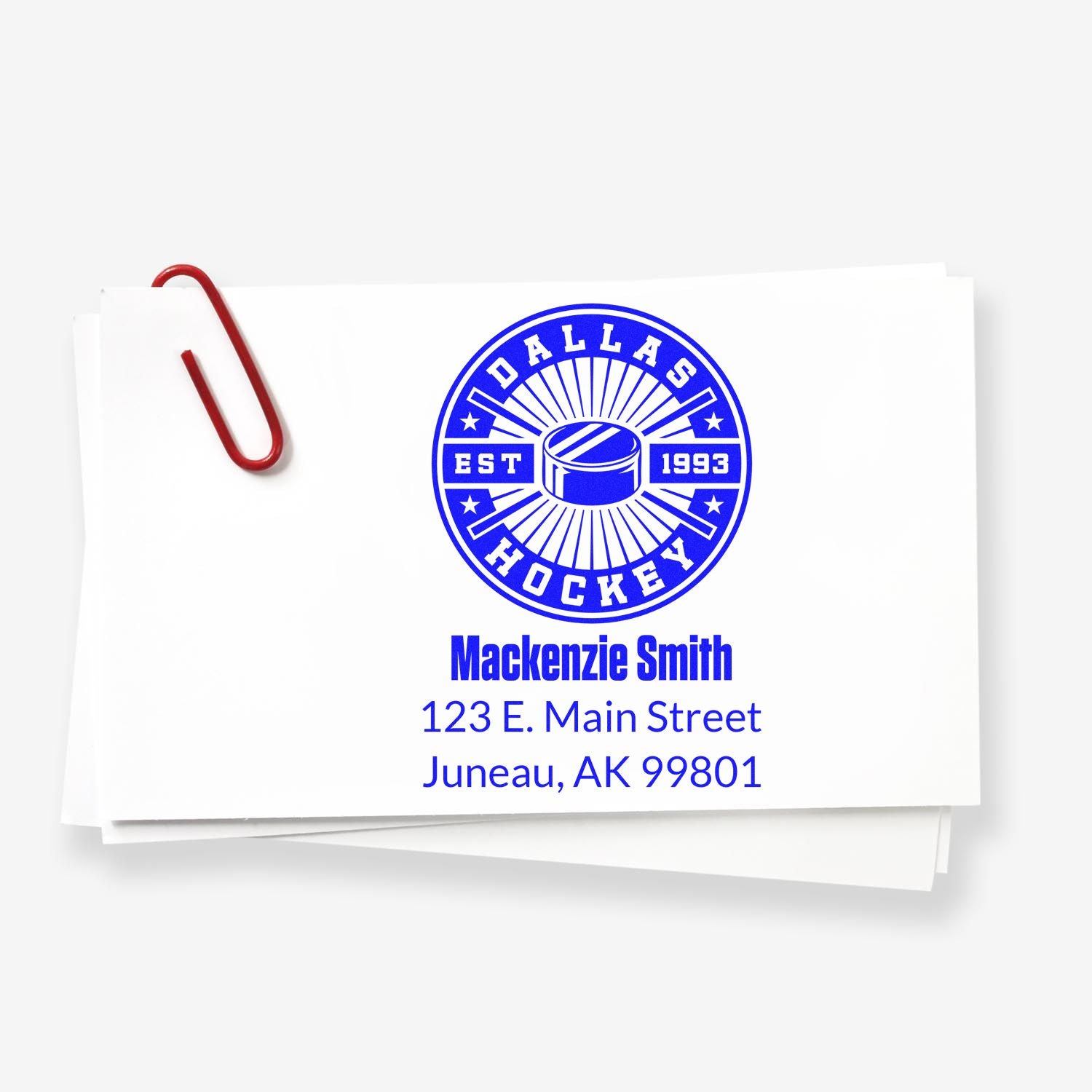 Custom Dallas Hockey return address rubber stamp with personalized name and Juneau, AK address for stationery and mailing.