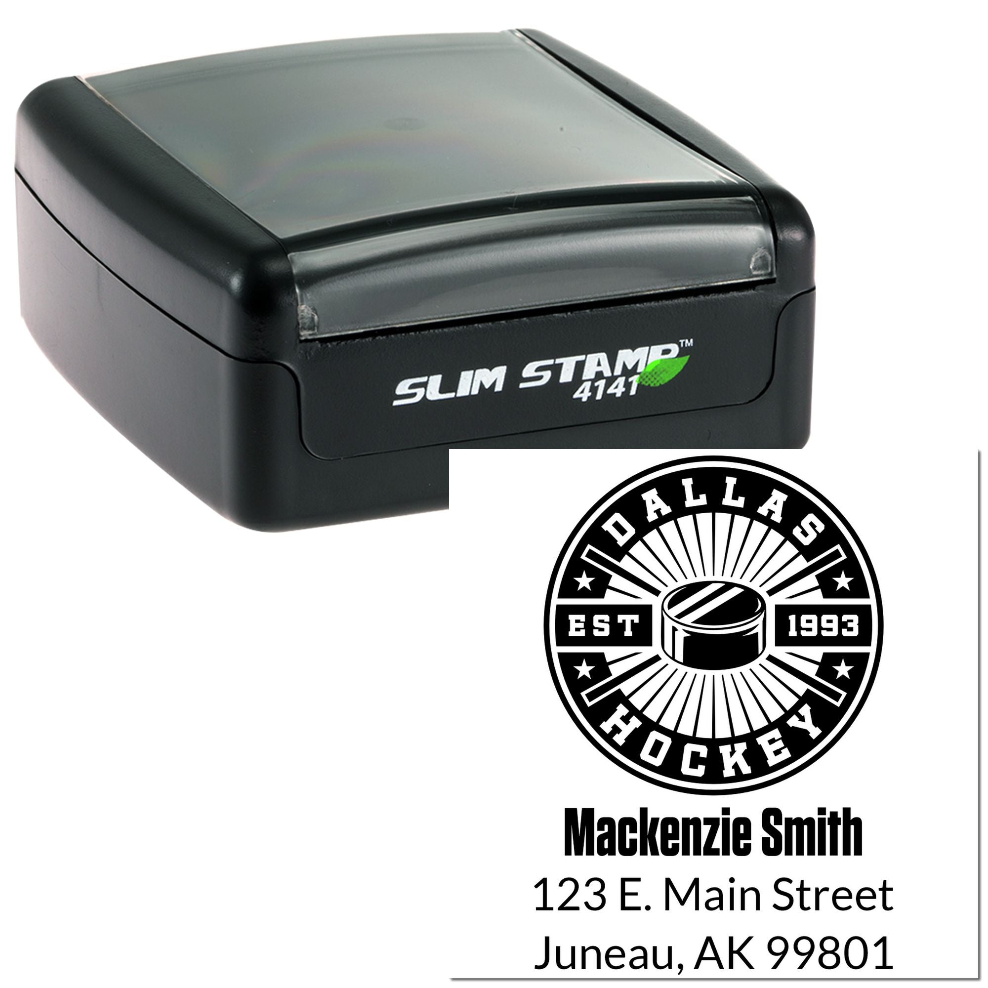 Custom self-inking rubber stamp with hockey logo, name, and address for business branding and mailings.