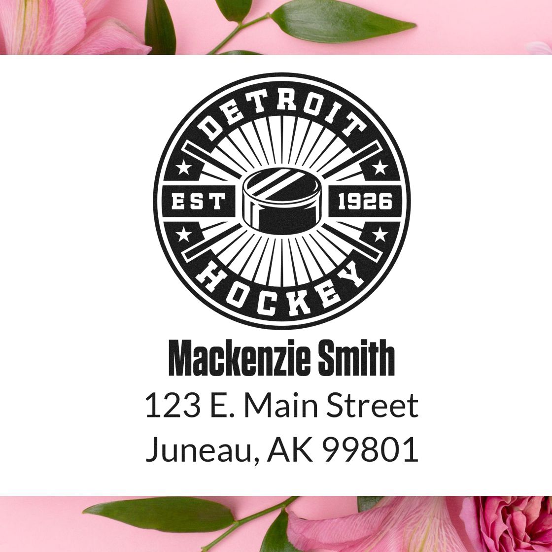 Custom Detroit hockey return address stamp for Mackenzie Smith, Juneau, AK