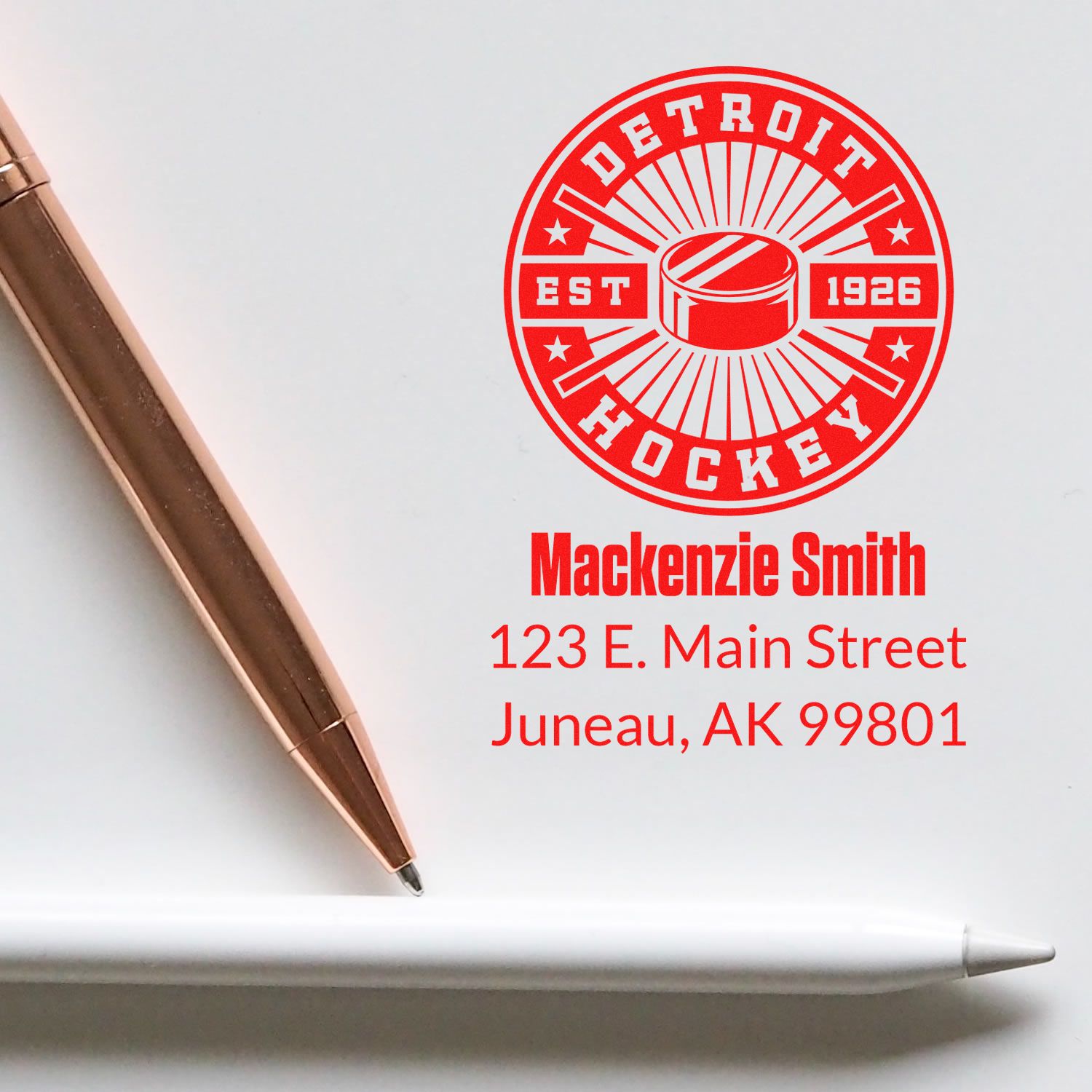 Personalized Detroit Hockey return address rubber stamp with Mackenzie Smith, Juneau, AK 99801.