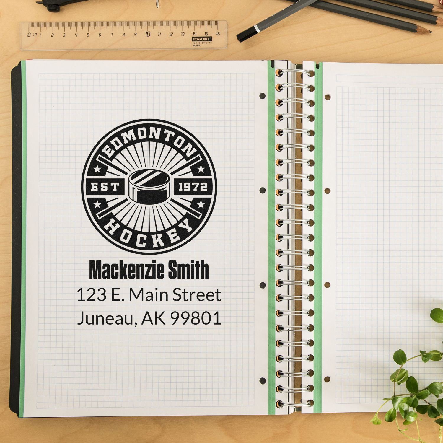 Custom hockey rubber stamp design with Edmonton Hockey logo, name, and return address.