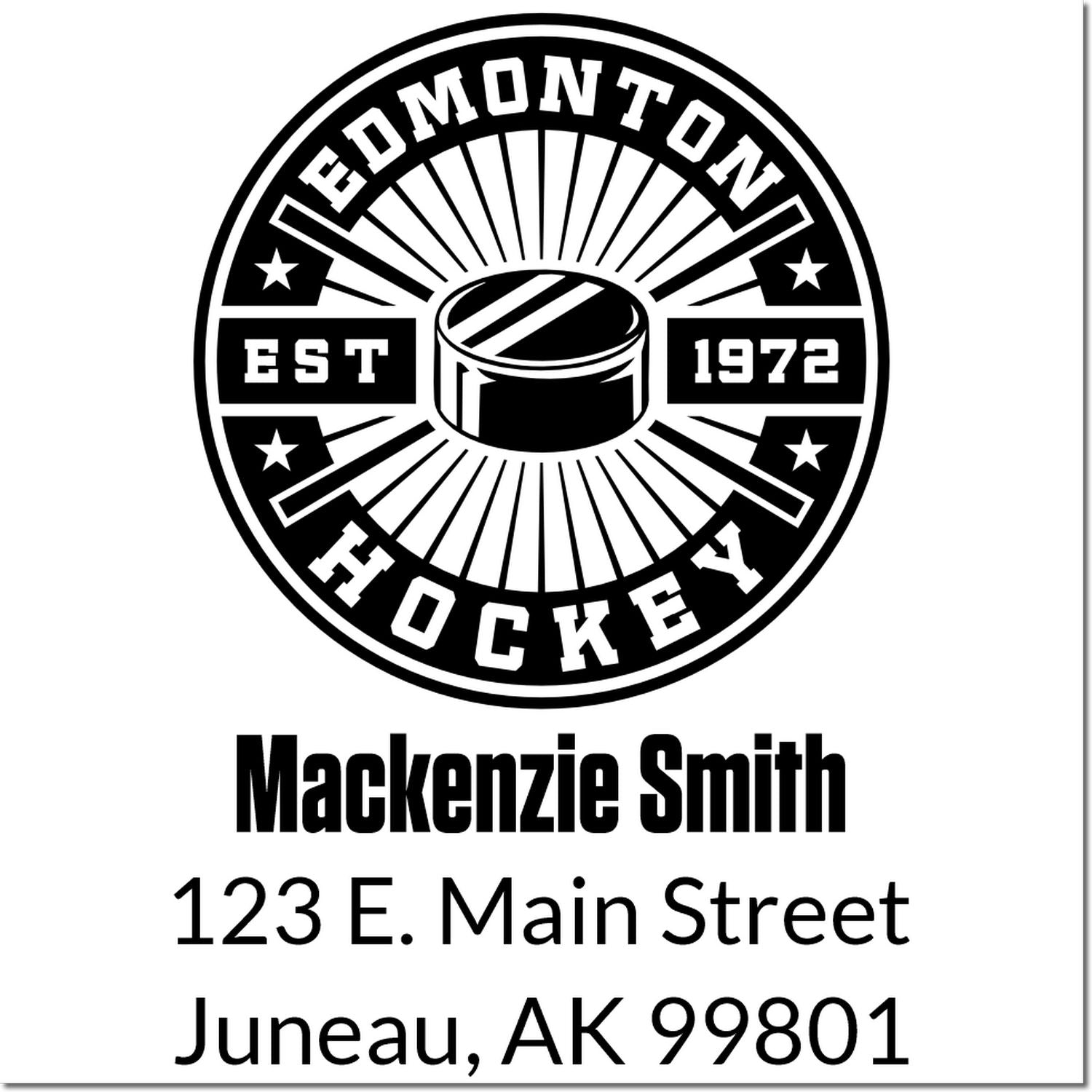 Custom Edmonton Hockey return address rubber stamp with Mackenzie Smith, 123 E. Main Street, Juneau, AK 99801