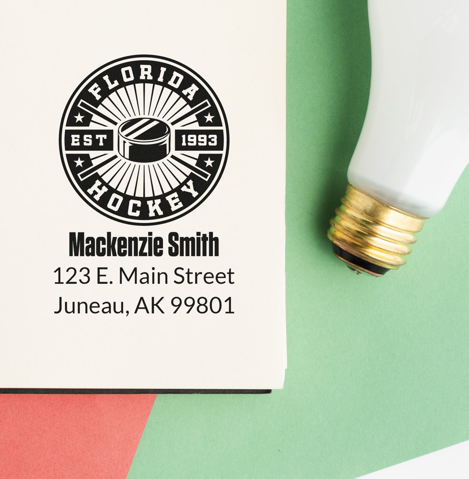 Personalized hockey logo rubber stamp with name and address for custom mailings