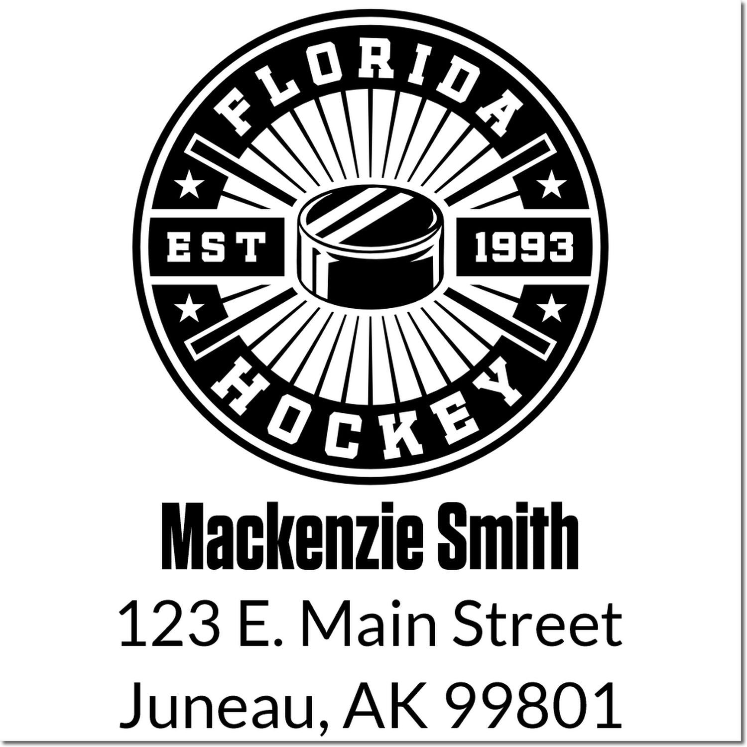 Custom Florida Hockey rubber stamp design with Mackenzie Smith name, Juneau, AK 99801 address, and EST 1993 logo.