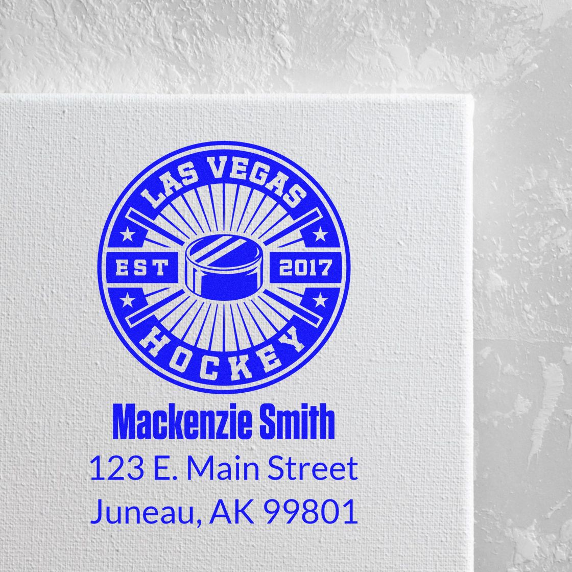Custom Las Vegas Hockey rubber stamp with Mackenzie Smith name and Juneau, AK address for personalized stationery or team branding.