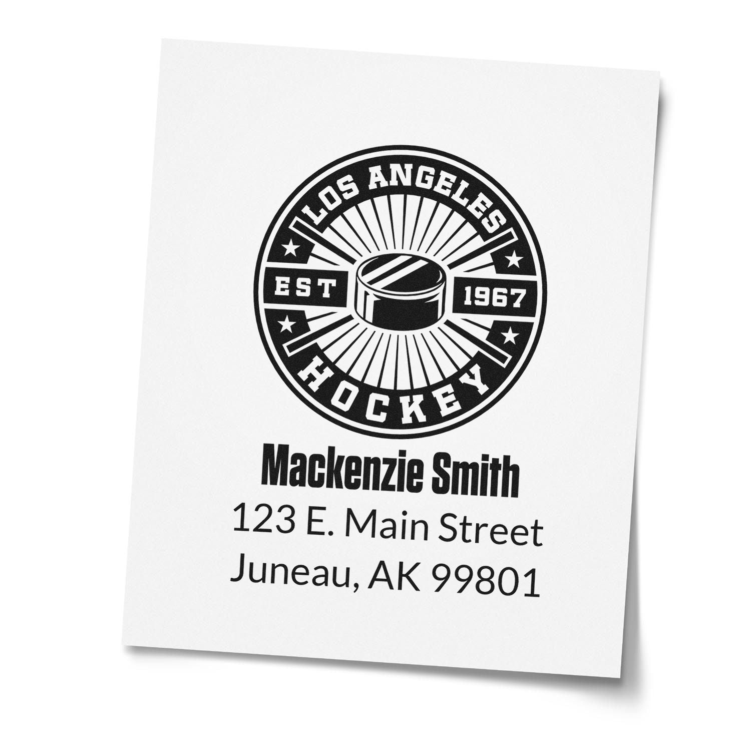 Custom hockey rubber stamp with Los Angeles Hockey logo, MacKenzie Smith name, and Juneau, AK address for personal mailing.