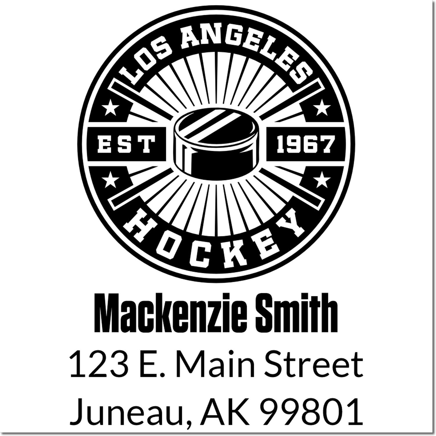 Custom Los Angeles Hockey rubber stamp with Mackenzie Smith name and Juneau, AK address.