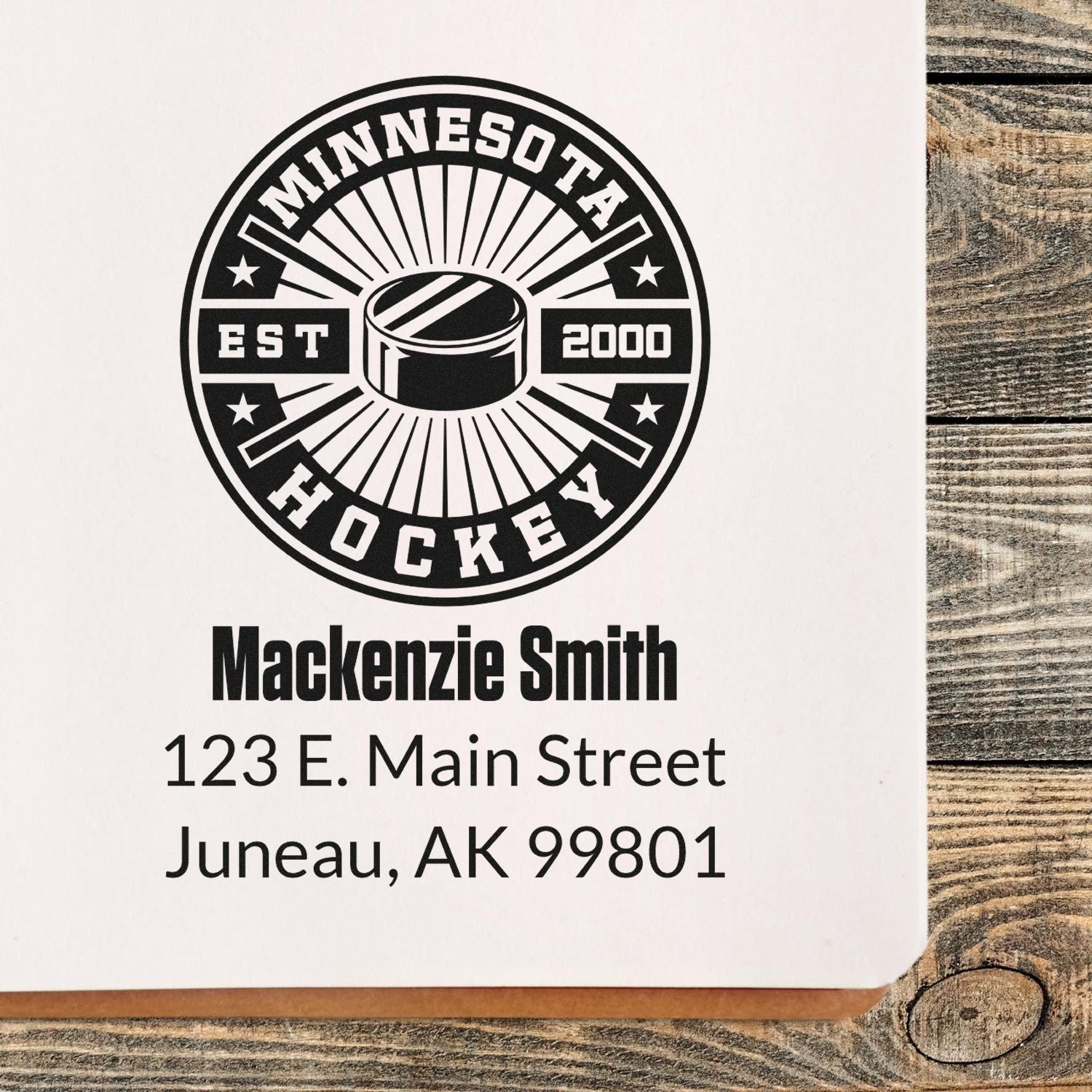 Custom Minnesota hockey logo return address rubber stamp with personalized name and address for mail.