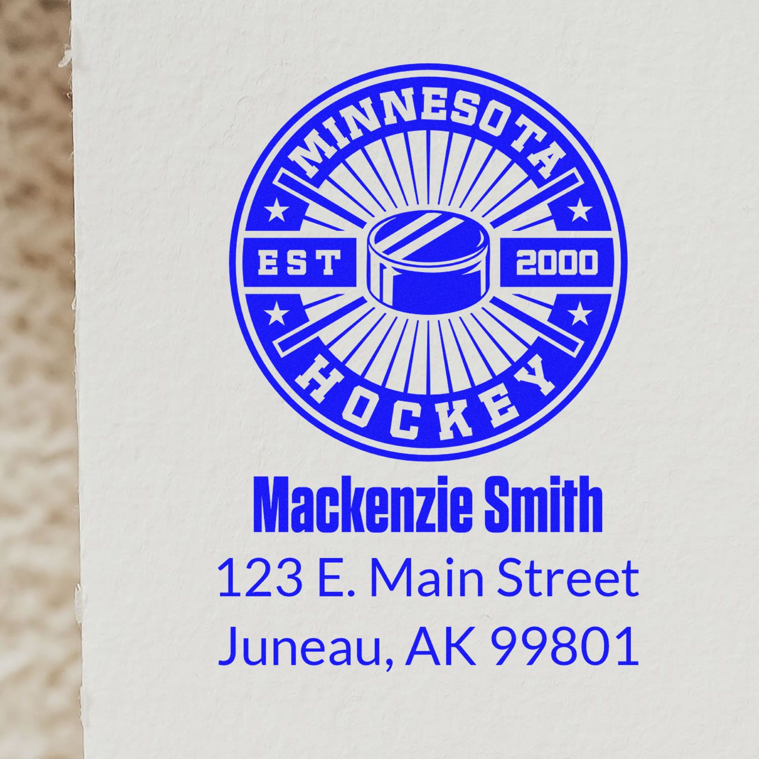 Custom Minnesota Hockey rubber stamp with Mackenzie Smith, Juneau AK address, and est. 2000 logo