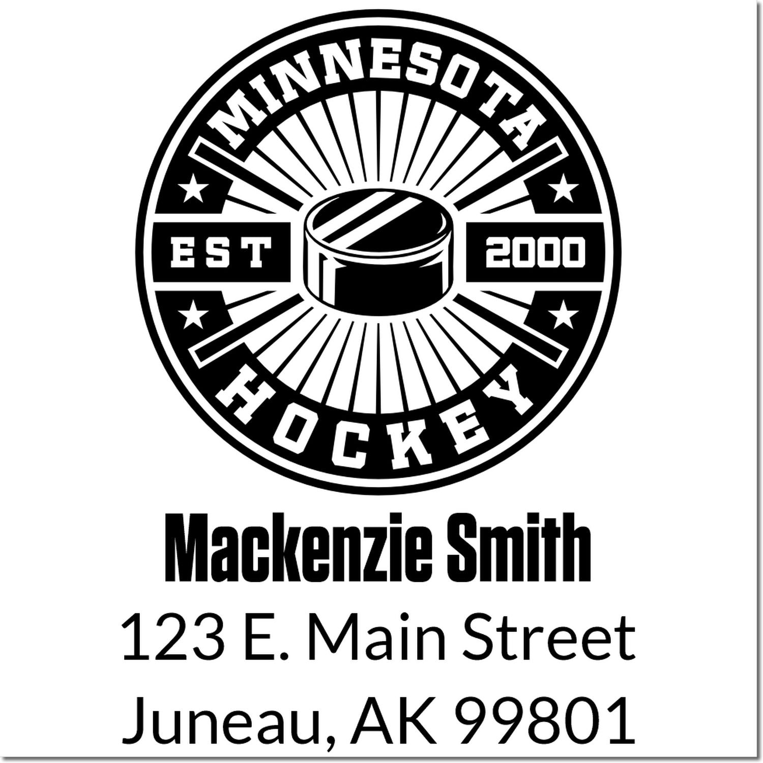 Personalized Minnesota hockey rubber stamp with Mackenzie Smith return address and Juneau, AK 99801