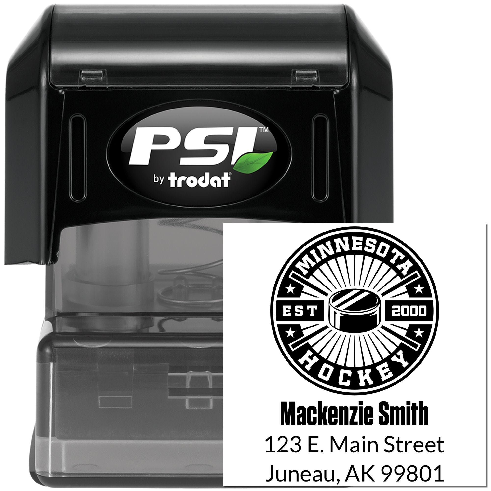 Custom self-inking rubber stamp for hockey team branding, featuring Minnesota Hockey logo, name, and address.