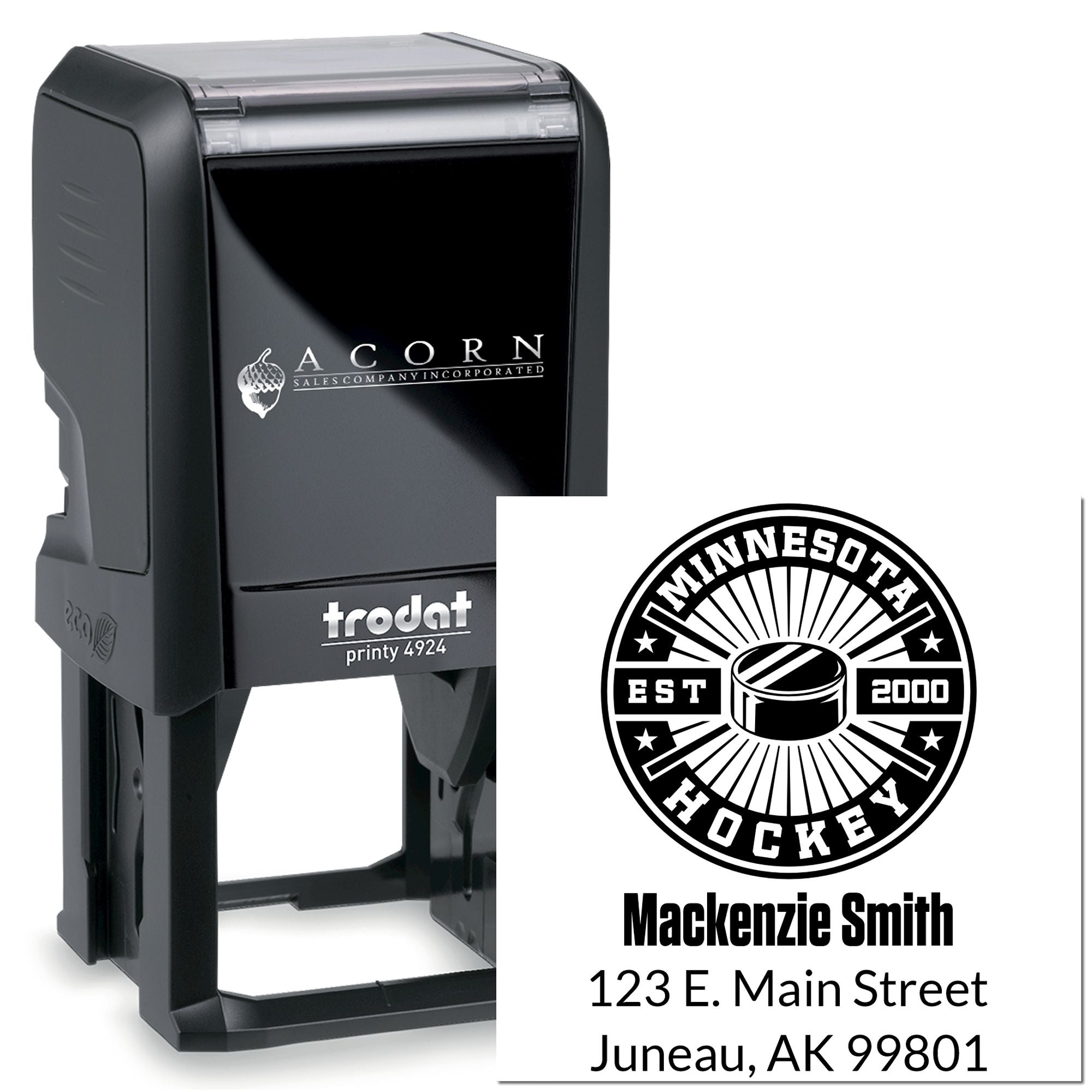 Custom self-inking rubber stamp with Minnesota hockey logo, name, and address for business branding and mailing.