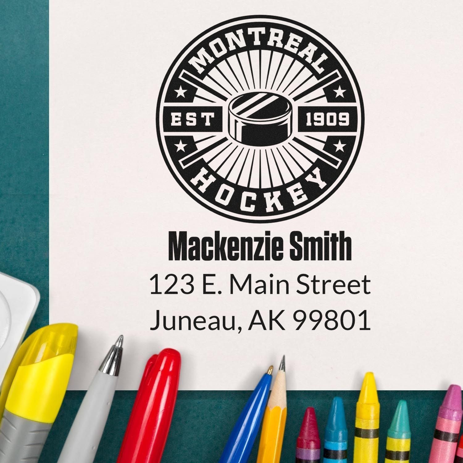 Custom hockey rubber stamp with name and address for Mackenzie Smith, Juneau, Alaska
