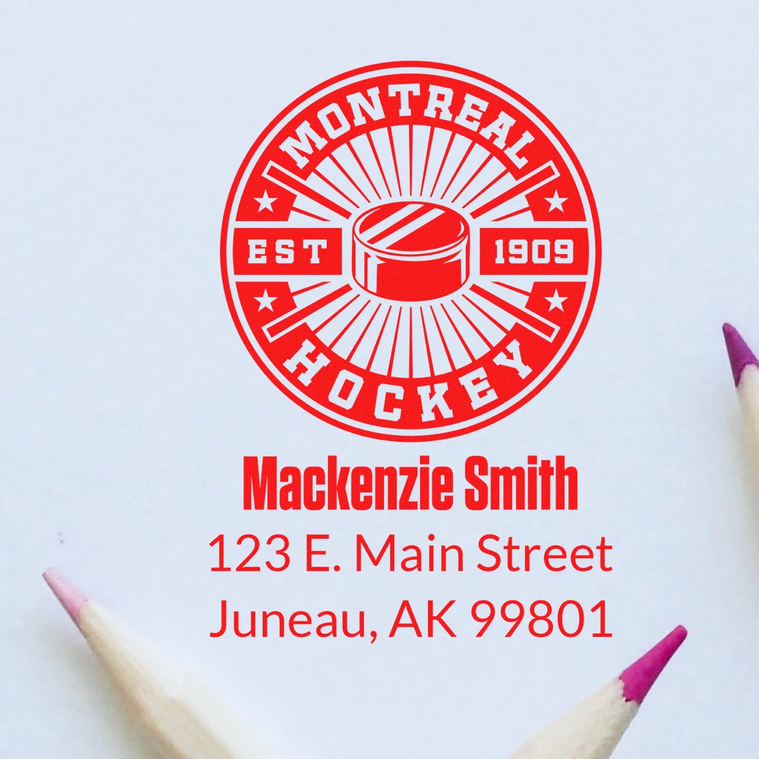 Custom Montreal Hockey rubber stamp with personalized name and address for stationery, mail, or team branding.