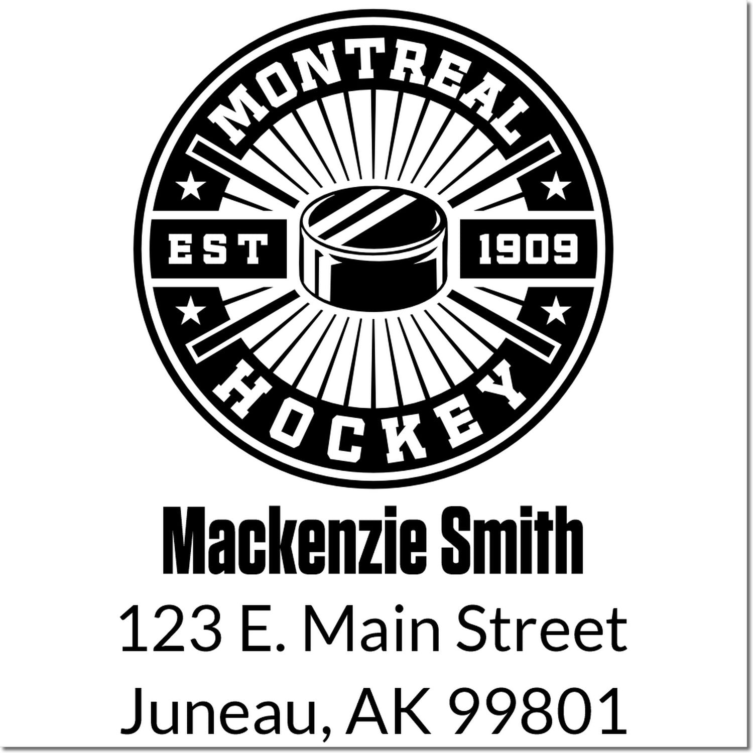 Custom Montreal Hockey return address rubber stamp for Mackenzie Smith, 123 E. Main Street, Juneau, AK 99801.