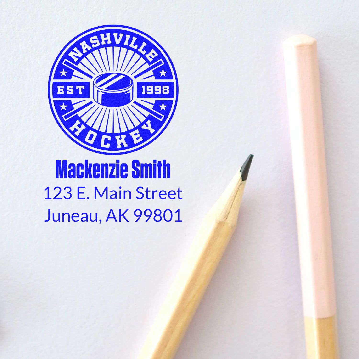 Custom Nashville Hockey rubber stamp with Mackenzie Smith return address, Juneau AK 99801, EST 1998 team logo.