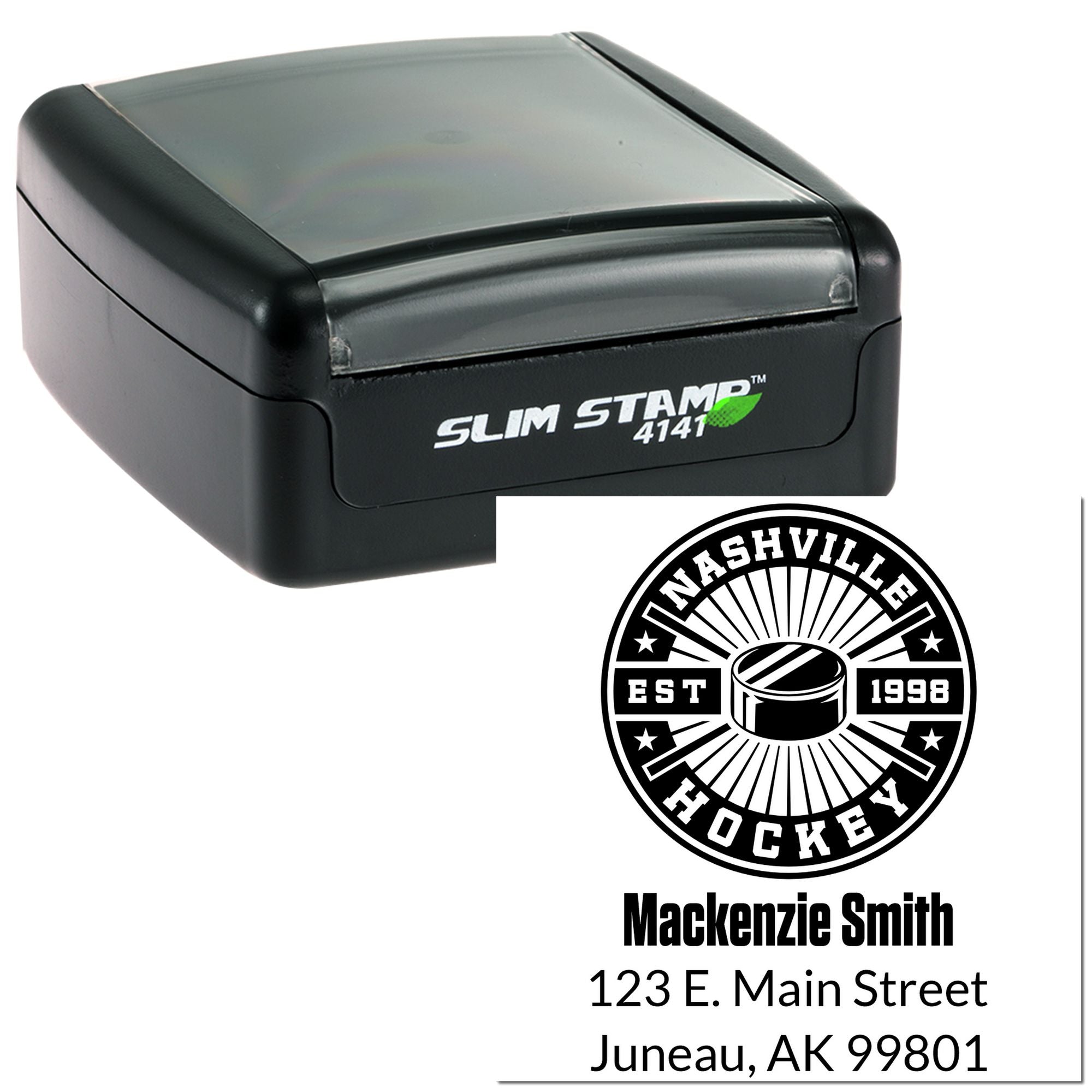 Custom self-inking hockey address rubber stamp with Slim Stamp 4141 for Mackenzie Smith, Juneau, AK 99801.