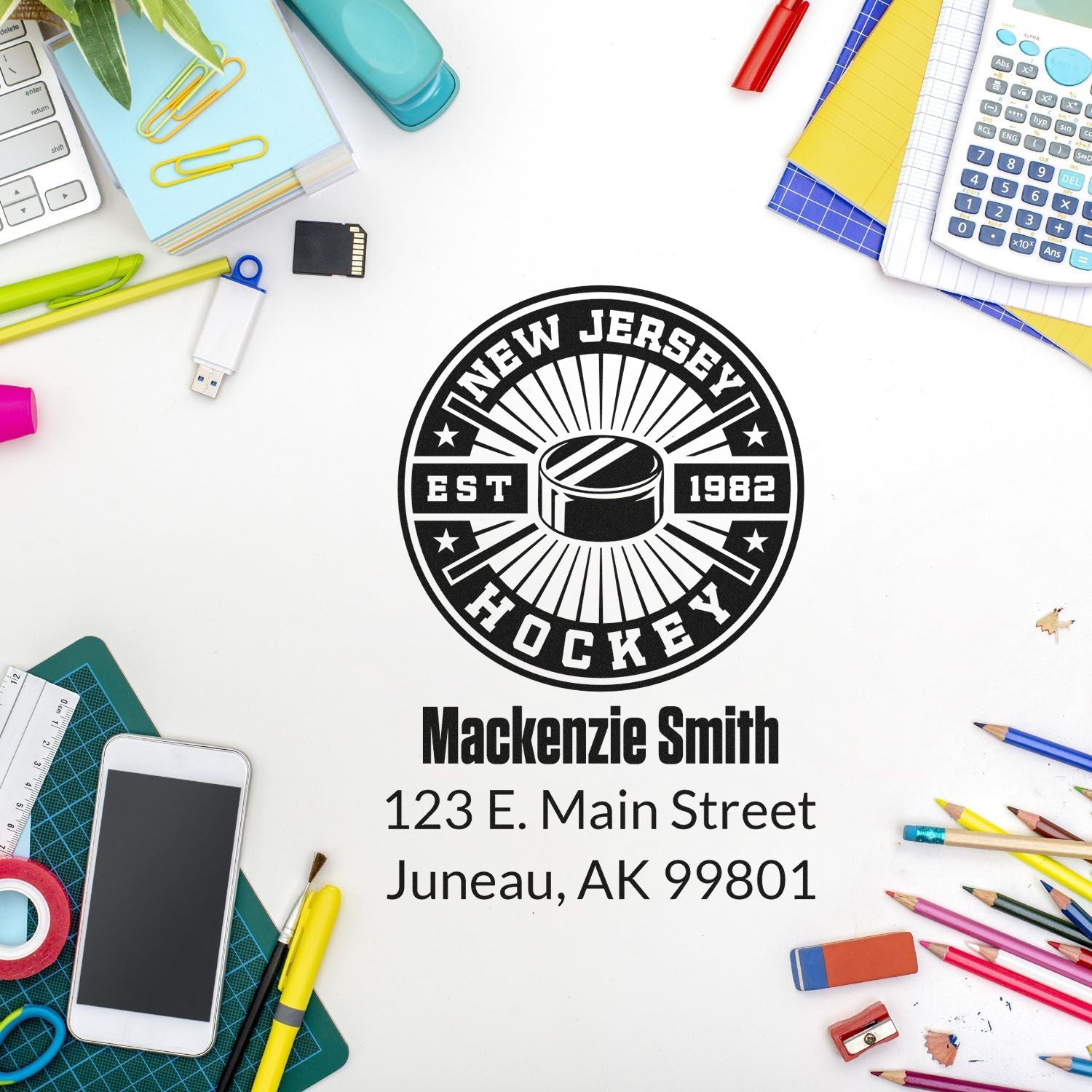 Custom New Jersey Hockey address rubber stamp with name and address for personalized sports stationery and team branding.