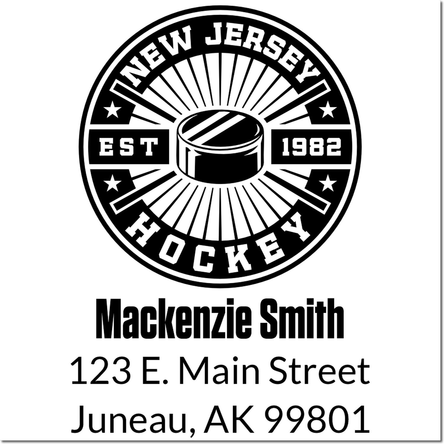 Personalized New Jersey Hockey rubber stamp with EST 1982 logo, Mackenzie Smith name, and Juneau, AK address.
