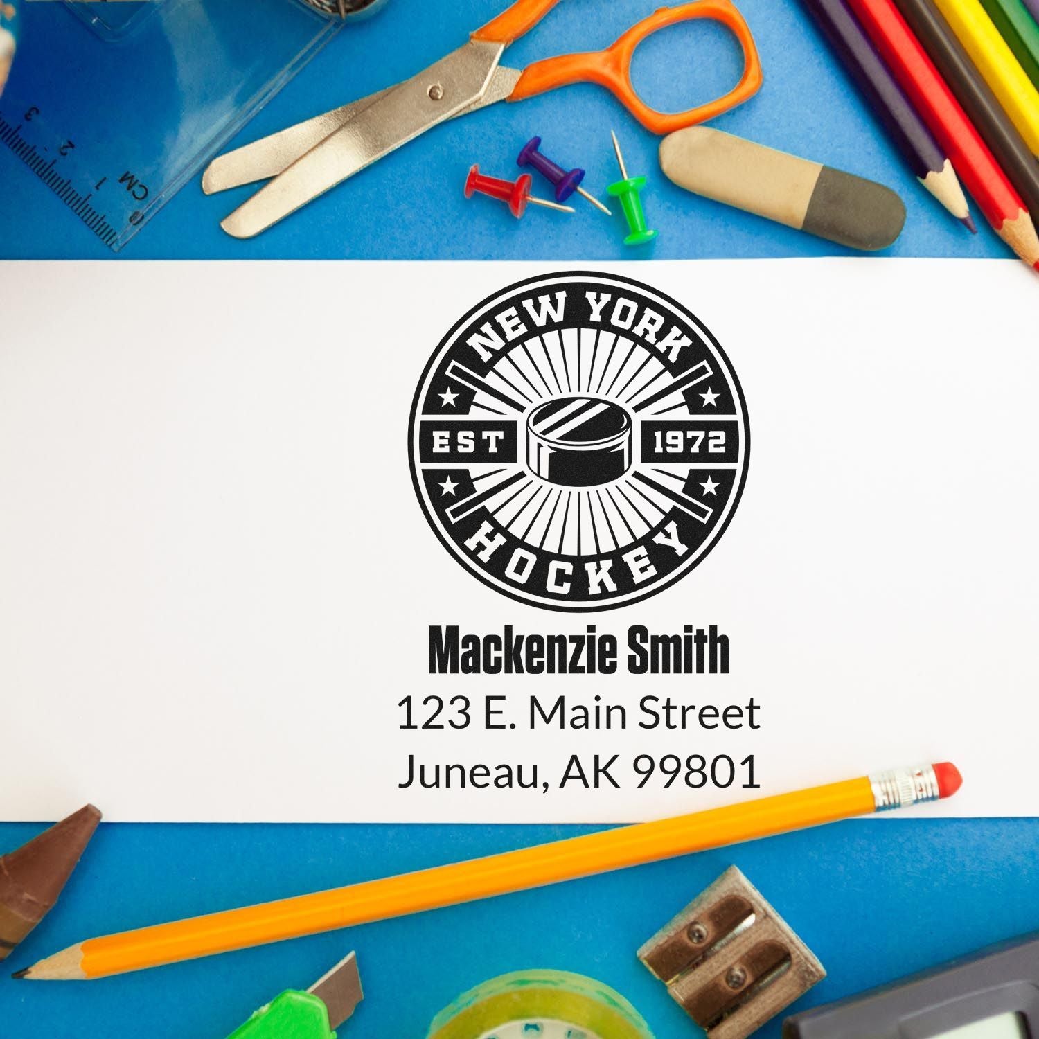 Custom hockey logo rubber stamp with personalized name and address for envelopes and mail.