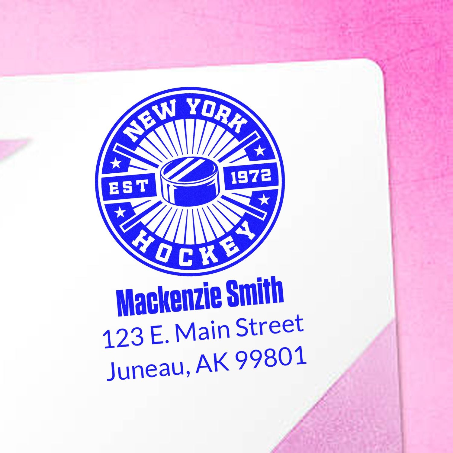 Custom New York Hockey return address rubber stamp with Mackenzie Smith, 123 E. Main Street, Juneau, AK 99801