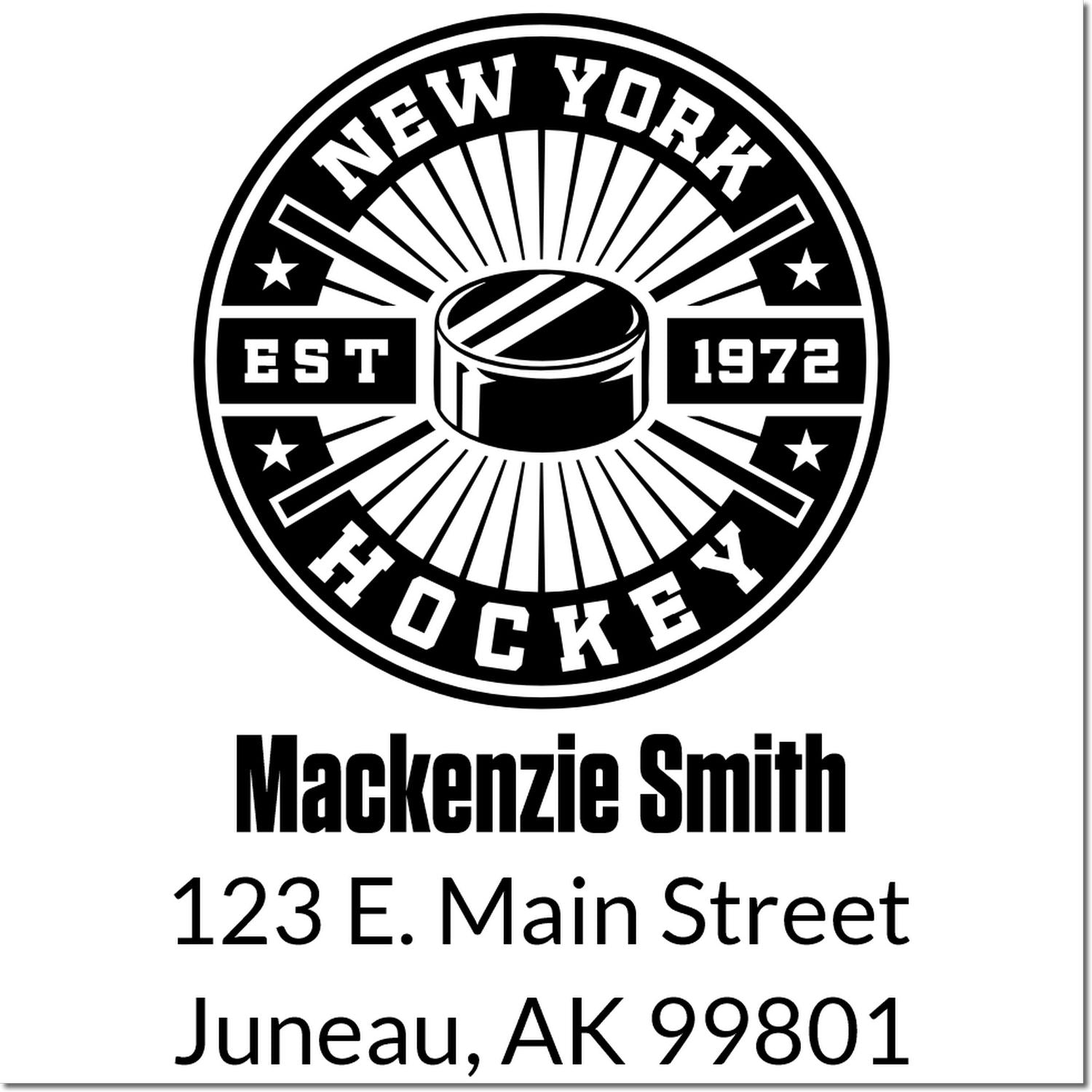 Custom New York Hockey rubber stamp with Mackenzie Smith name and Juneau, AK address for business mailing.
