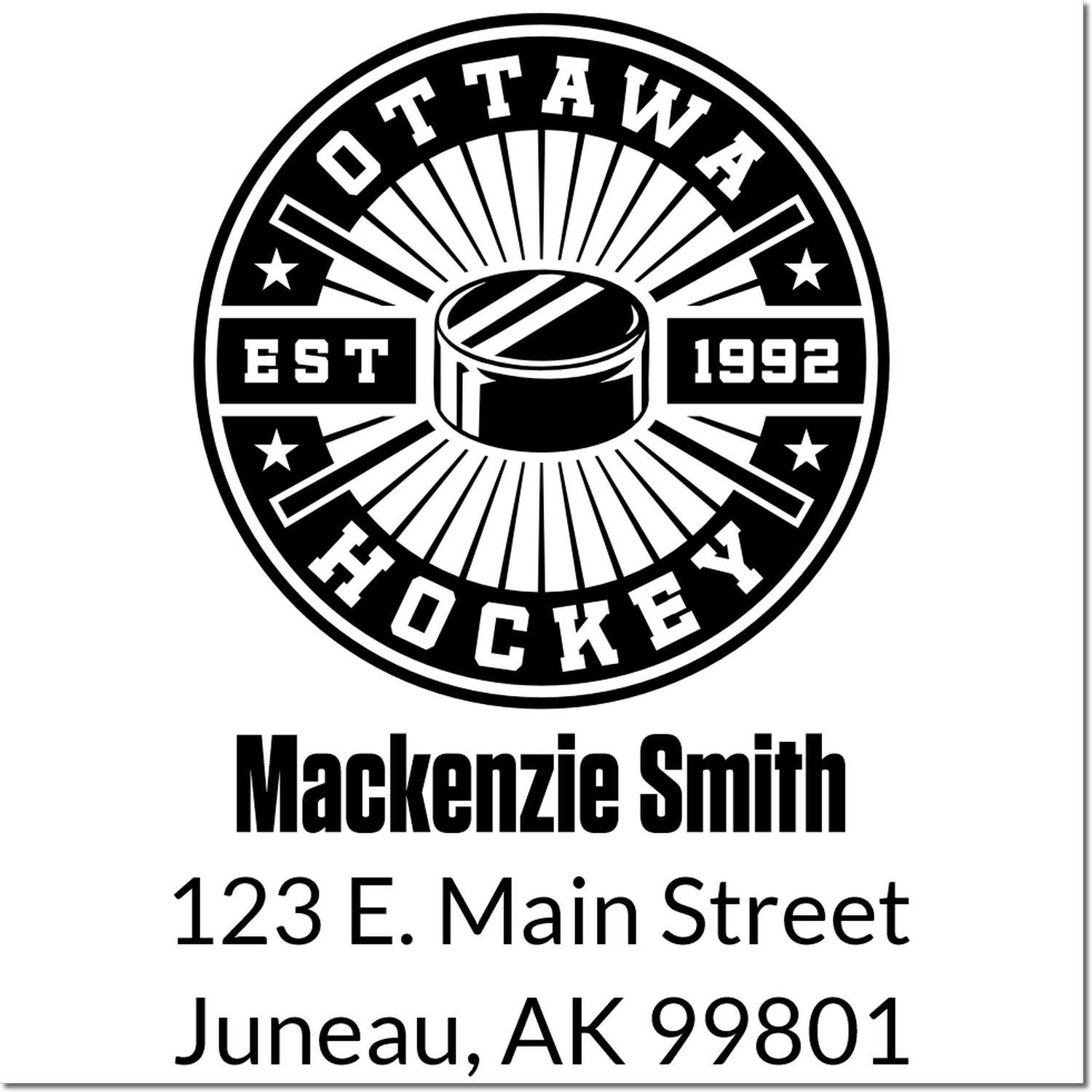 Custom Ottawa Hockey rubber stamp with Mackenzie Smith return address, Juneau, AK 99801.