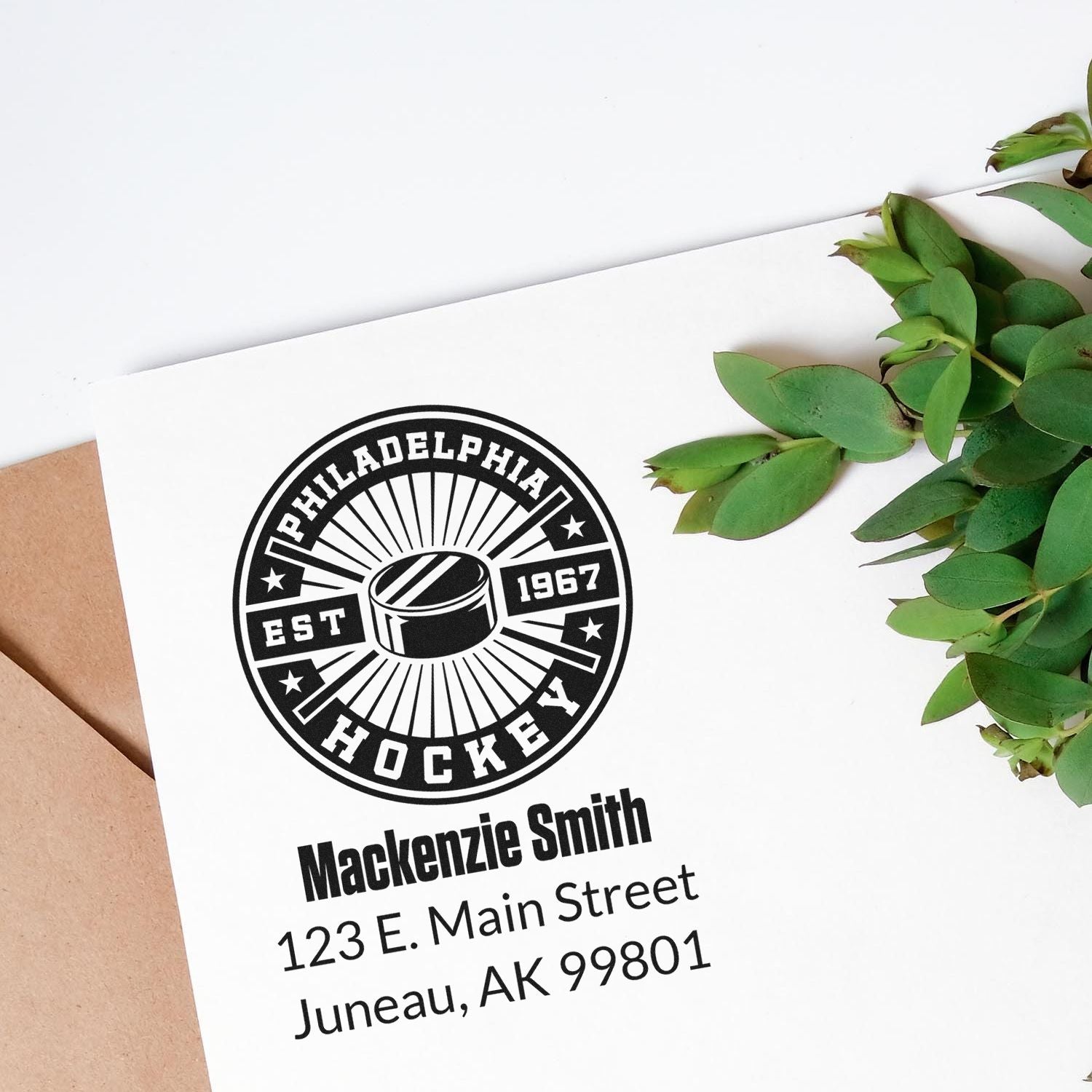 Custom Philadelphia hockey rubber stamp with name and address for personalized stationery and mailings.