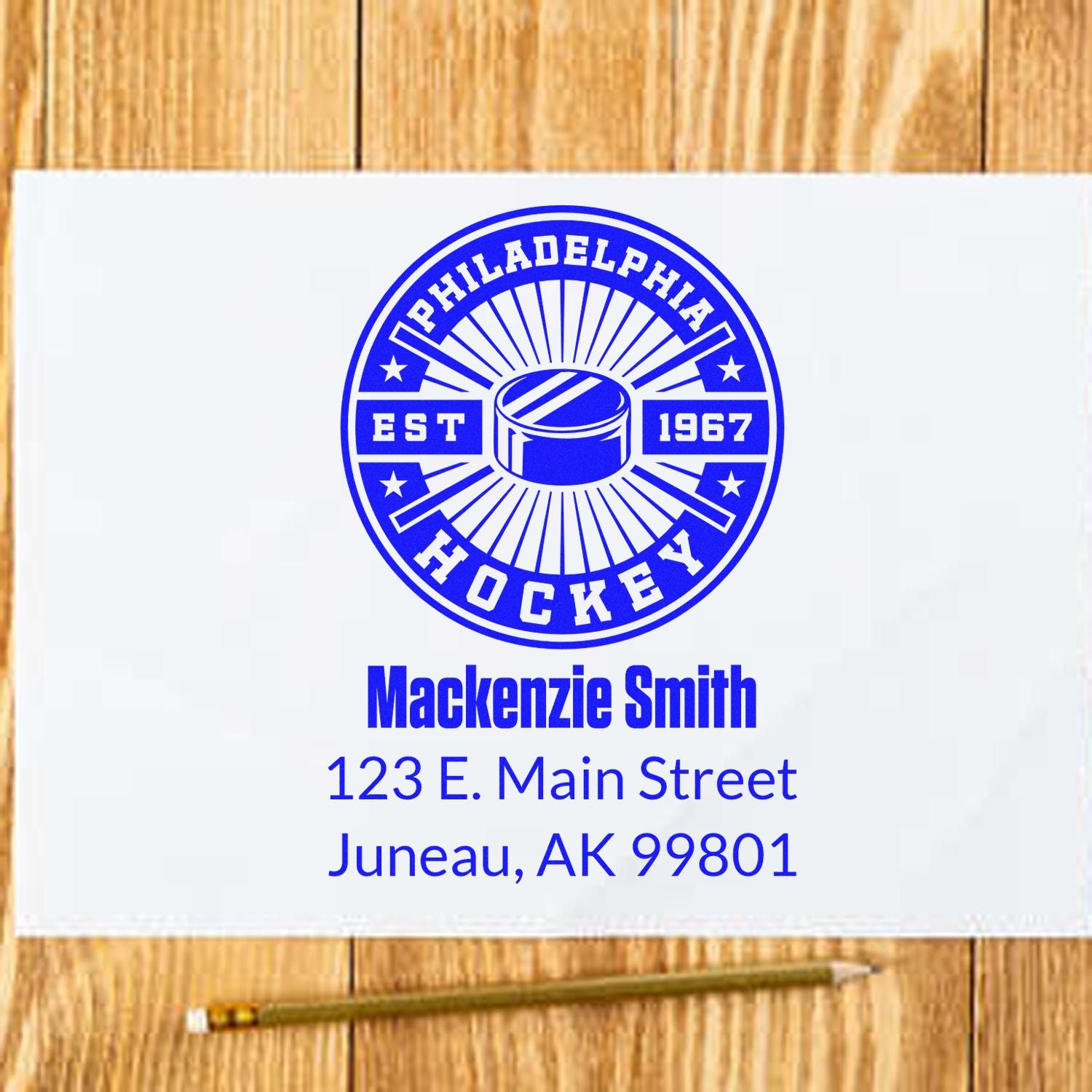 Custom hockey address rubber stamp with Philadelphia Hockey logo, Mackenzie Smith, Juneau AK 99801