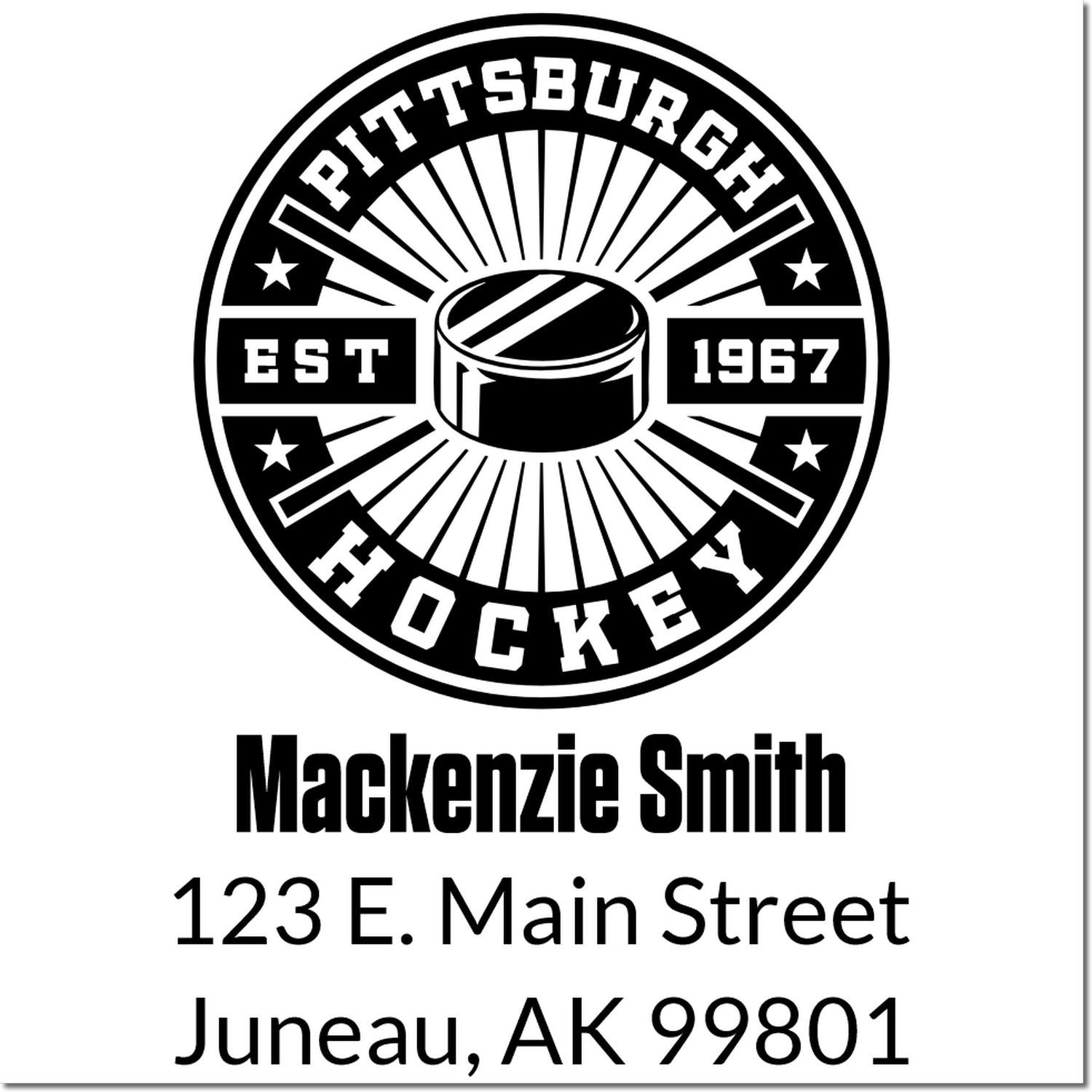 Custom Pittsburgh Hockey return address rubber stamp for MacKenzie Smith, 123 E. Main Street, Juneau, AK 99801