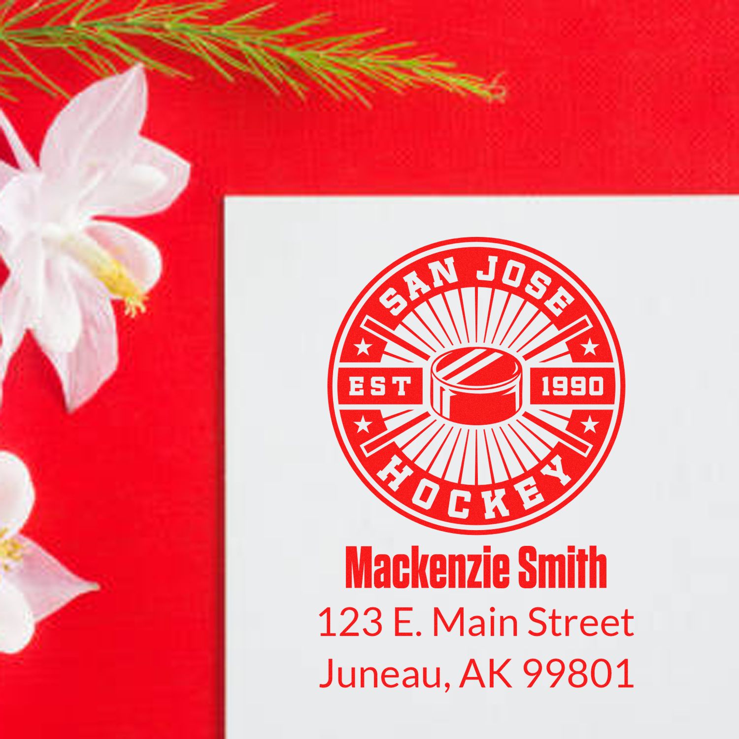 Personalized San Jose Hockey rubber stamp with name and address, featuring a red hockey emblem for custom stationery.