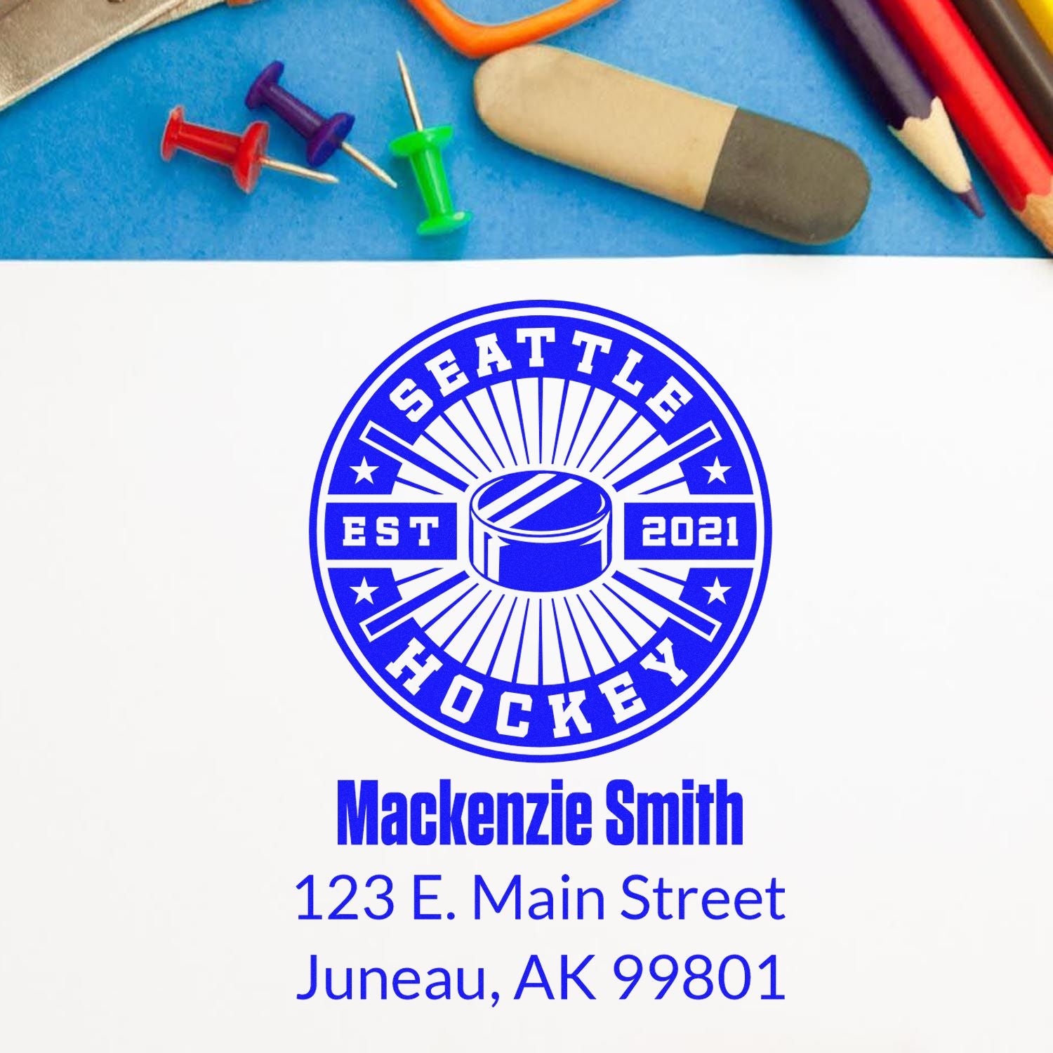 Custom hockey rubber stamp with Mackenzie Smith name and Juneau, AK address.